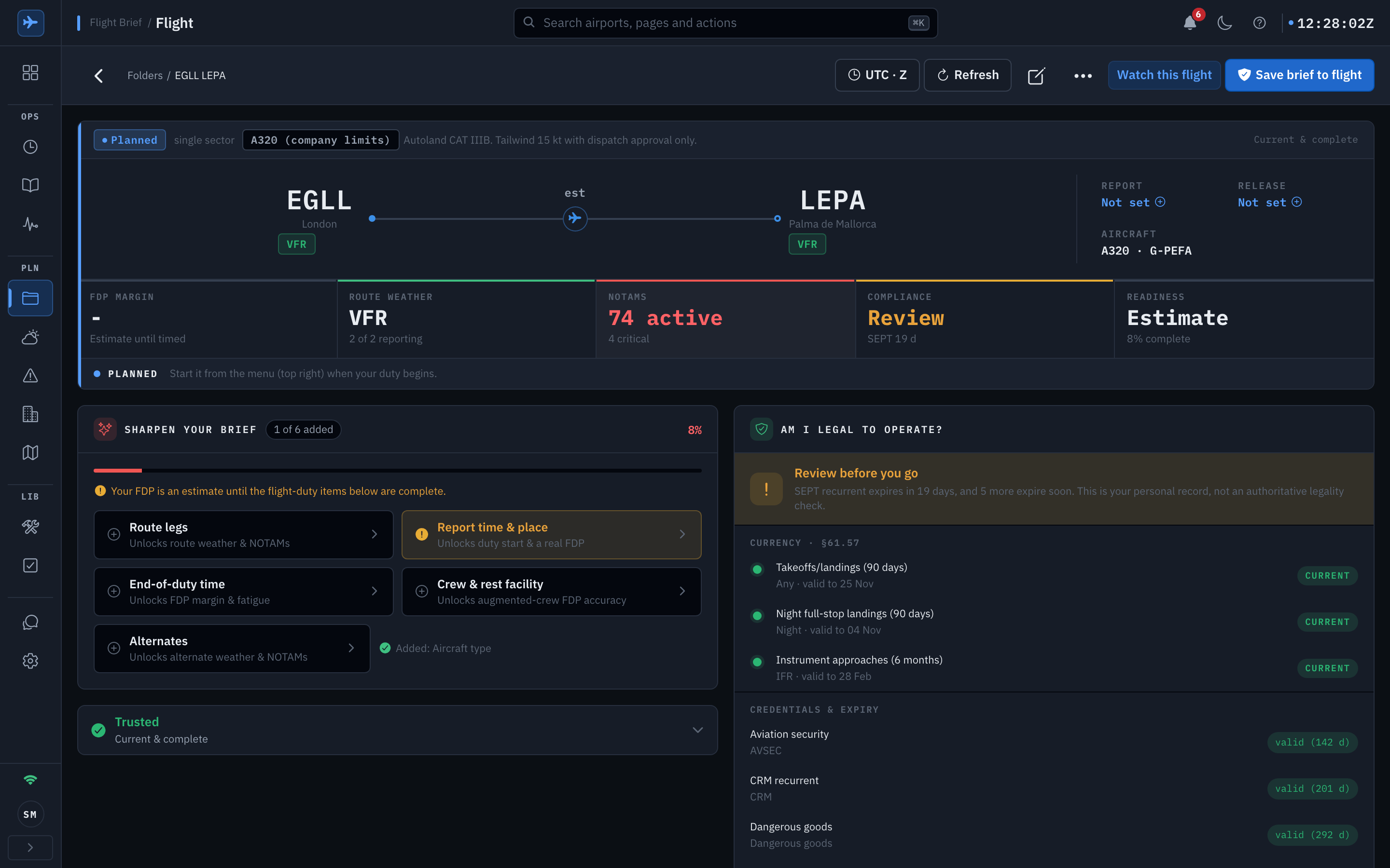 An open flight folder for EGLL to LEPA: the route head with both airports and their categories and the A320 company-limits profile chip, cells for report, release, aircraft, FDP margin, route weather reading VFR 2 of 2 reporting, NOTAMs reading 74 active with 4 critical, compliance and readiness, a sharpen-your-brief checklist of the fields that would unlock a timed FDP, a currency and credentials panel with every rule current and the expiry dates, and a Trusted brief trust line Shown in the app's dark appearance.
