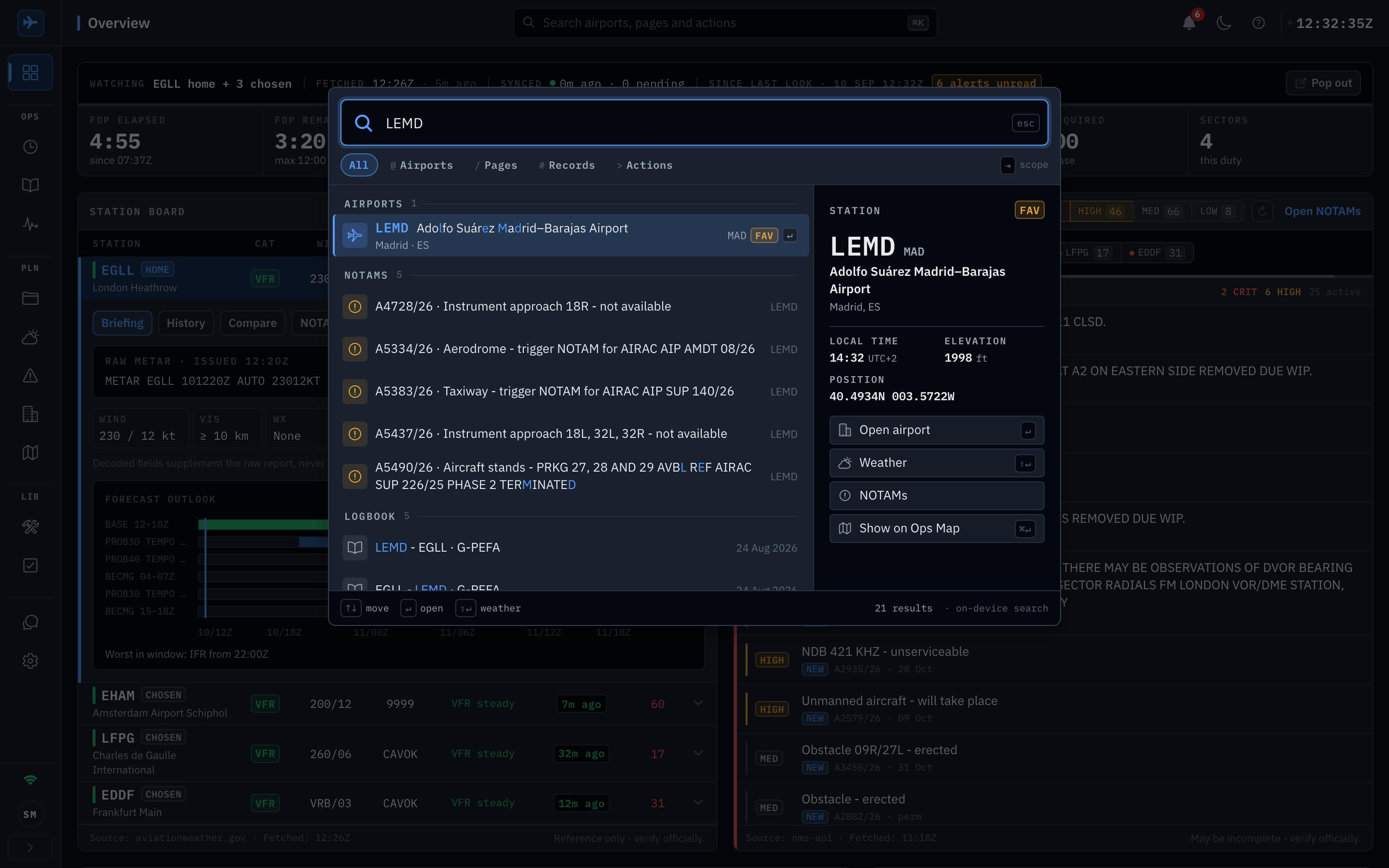 The command deck open over the Overview after typing LEMD: scope chips for All, Airports, Pages, Records and Actions, a results pane listing the LEMD airport, five of its active NOTAMs and matching logbook entries, a preview pane on the right with the Madrid station, its local time, elevation and position, and one-key actions to open the airport, the weather page, the NOTAMs or the Ops Map framed on the field, footed 21 results, on-device search Shown in the app's dark appearance.