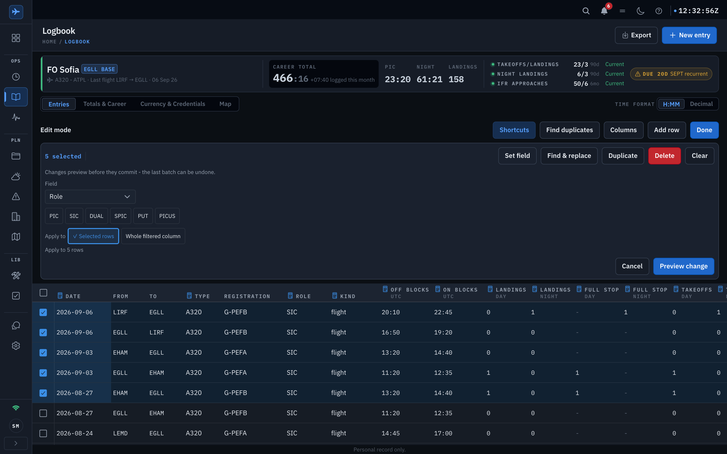 The logbook in edit mode: the entries as a spreadsheet grid with a checkbox rail and five rows ticked, an edit-mode bar with Shortcuts, Find duplicates, Columns, Add row and Done, the bulk action bar reading 5 selected with Set field, Find and replace, Duplicate, Delete and Clear, and the Set field panel open on the Role field with PIC, SIC, DUAL, SPIC, PUT and PICUS choices, an apply-to switch for the selected rows or the whole filtered column, and a Preview change button Shown in the app's dark appearance.
