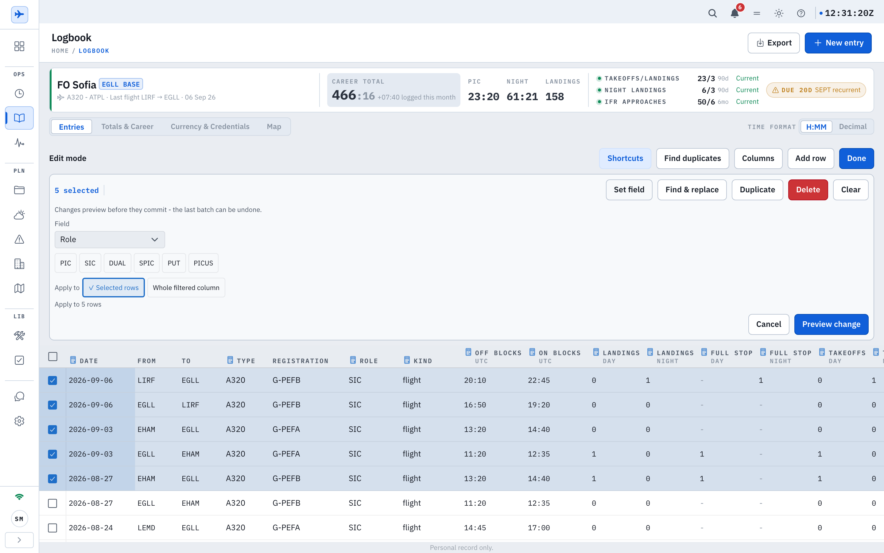 The logbook in edit mode: the entries as a spreadsheet grid with a checkbox rail and five rows ticked, an edit-mode bar with Shortcuts, Find duplicates, Columns, Add row and Done, the bulk action bar reading 5 selected with Set field, Find and replace, Duplicate, Delete and Clear, and the Set field panel open on the Role field with PIC, SIC, DUAL, SPIC, PUT and PICUS choices, an apply-to switch for the selected rows or the whole filtered column, and a Preview change button