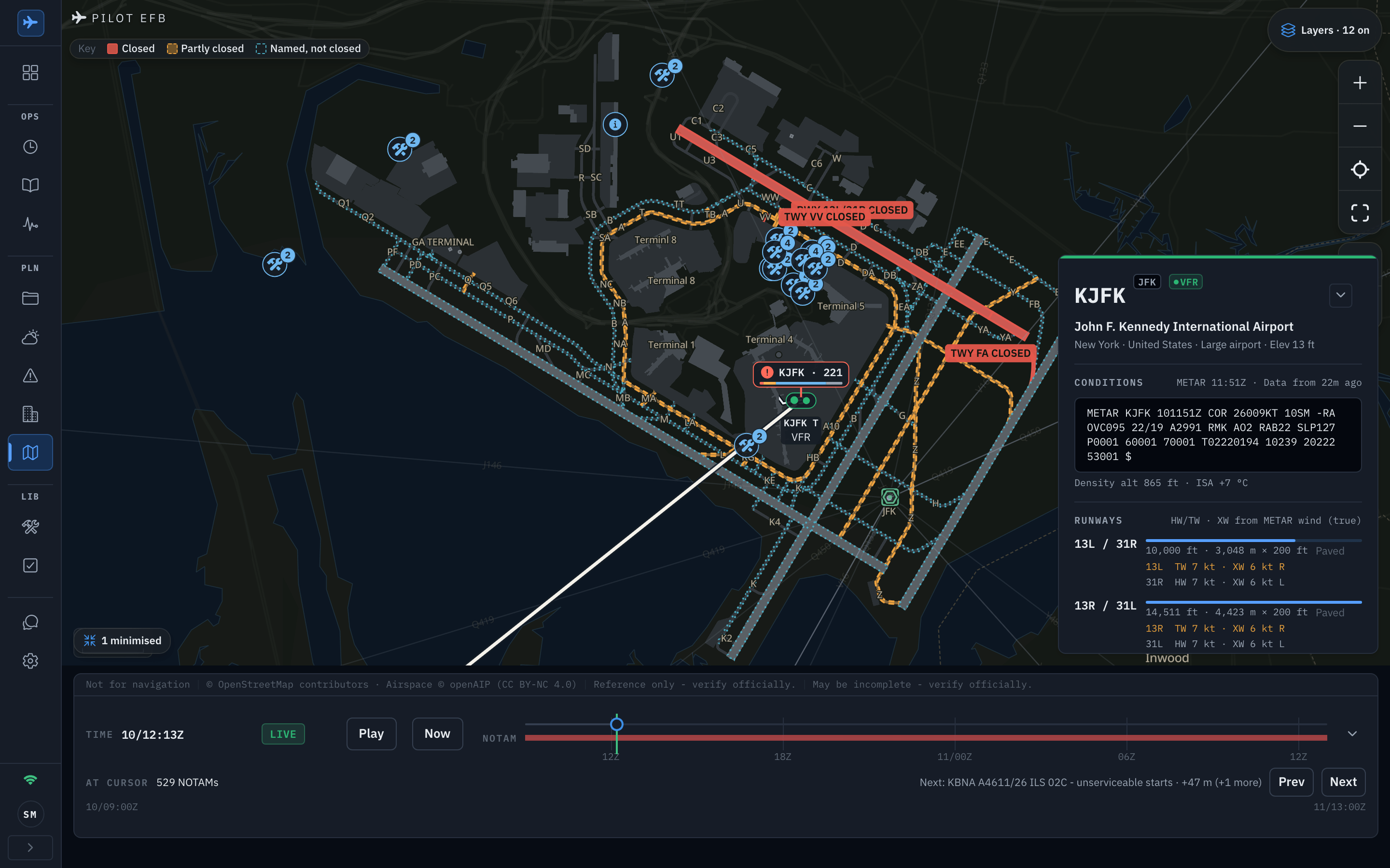 The Pilot EFB Desk Ops Map zoomed to John F. Kennedy International: the runway and taxiway layout with closed taxiways hatched in orange and closed runway segments drawn in red, chips reading TWY VV CLOSED and TWY FA CLOSED pinned to the pavement, a KJFK pill counting 221 active NOTAMs, the route line leaving to the south-west, a KJFK station card with the raw METAR, conditions and runway lengths, the Layers control reading 12 on, and the time bar reading LIVE Shown in the app's dark appearance.