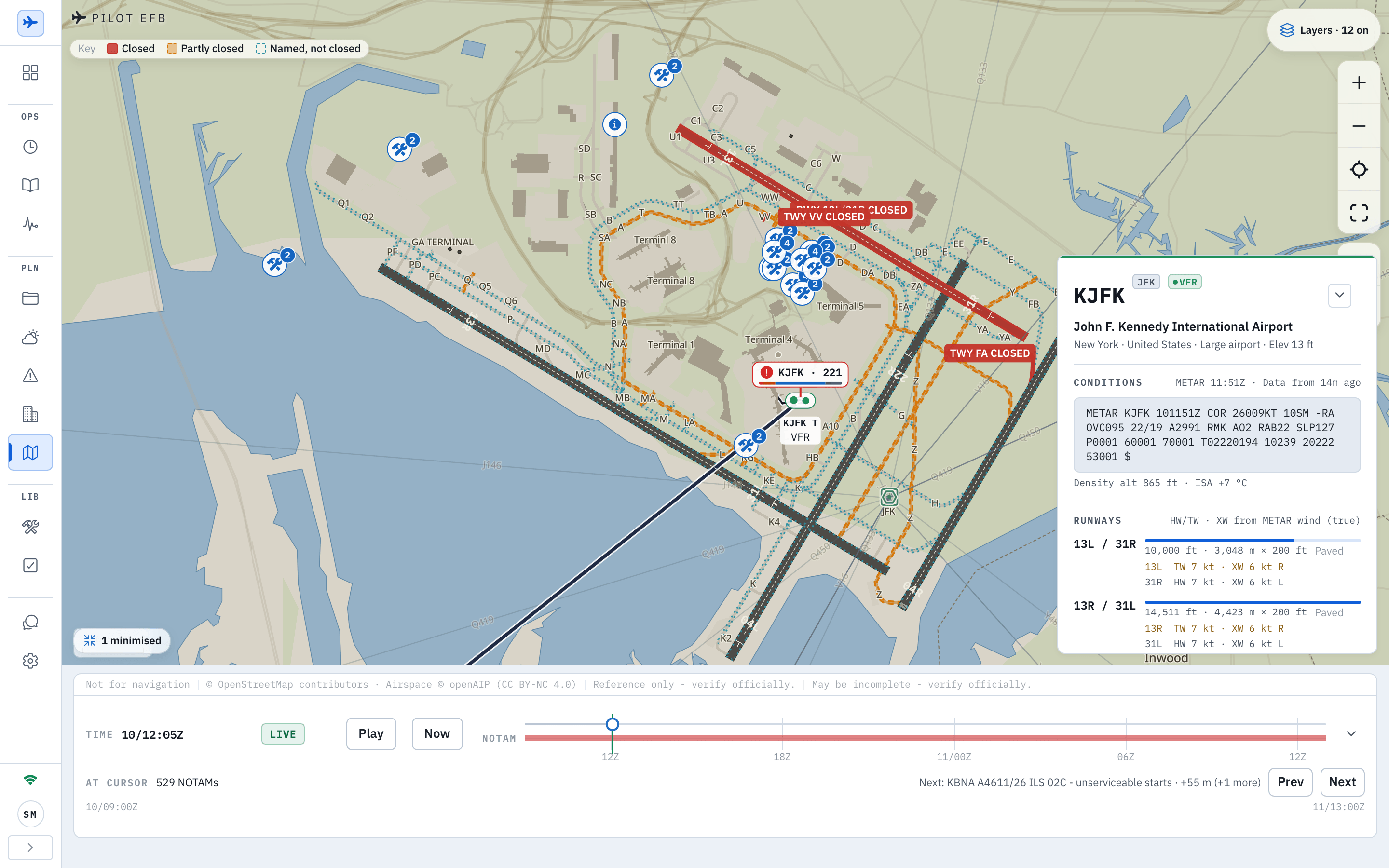 The Pilot EFB Desk Ops Map zoomed to John F. Kennedy International: the runway and taxiway layout with closed taxiways hatched in orange and closed runway segments drawn in red, chips reading TWY VV CLOSED and TWY FA CLOSED pinned to the pavement, a KJFK pill counting 221 active NOTAMs, the route line leaving to the south-west, a KJFK station card with the raw METAR, conditions and runway lengths, the Layers control reading 12 on, and the time bar reading LIVE