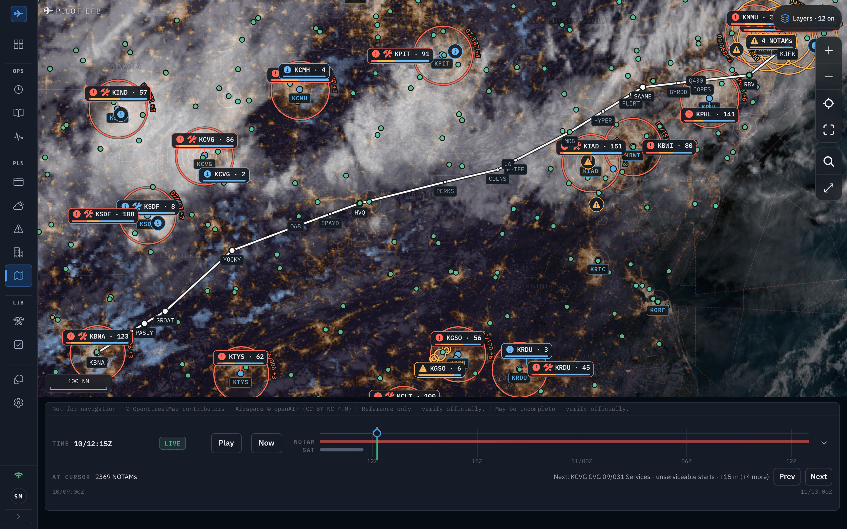 The Pilot EFB Desk Ops Map with the imagery basemap on: one day of VIIRS true-colour satellite photo under the chart linework, a band of cloud across the Appalachians, the KJFK to KBNA route with its fixes and airway labels, and NOTAM pills at KJFK, KPHL, KBWI, KIAD, KPIT, KCMH, KCVG, KSDF, KIND, KTYS, KGSO, KRDU and KBNA counting active NOTAMs by severity Shown in the app's dark appearance.