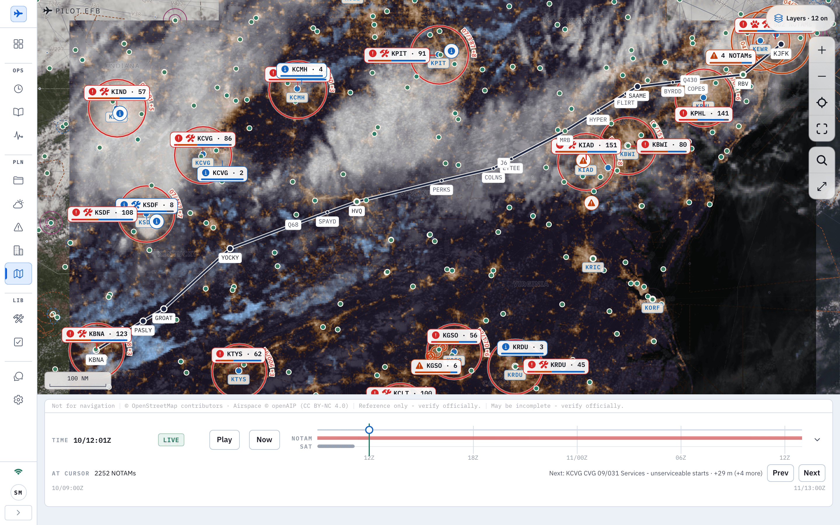 The Pilot EFB Desk Ops Map with the imagery basemap on: one day of VIIRS true-colour satellite photo under the chart linework, a band of cloud across the Appalachians, the KJFK to KBNA route with its fixes and airway labels, and NOTAM pills at KJFK, KPHL, KBWI, KIAD, KPIT, KCMH, KCVG, KSDF, KIND, KTYS, KGSO, KRDU and KBNA counting active NOTAMs by severity