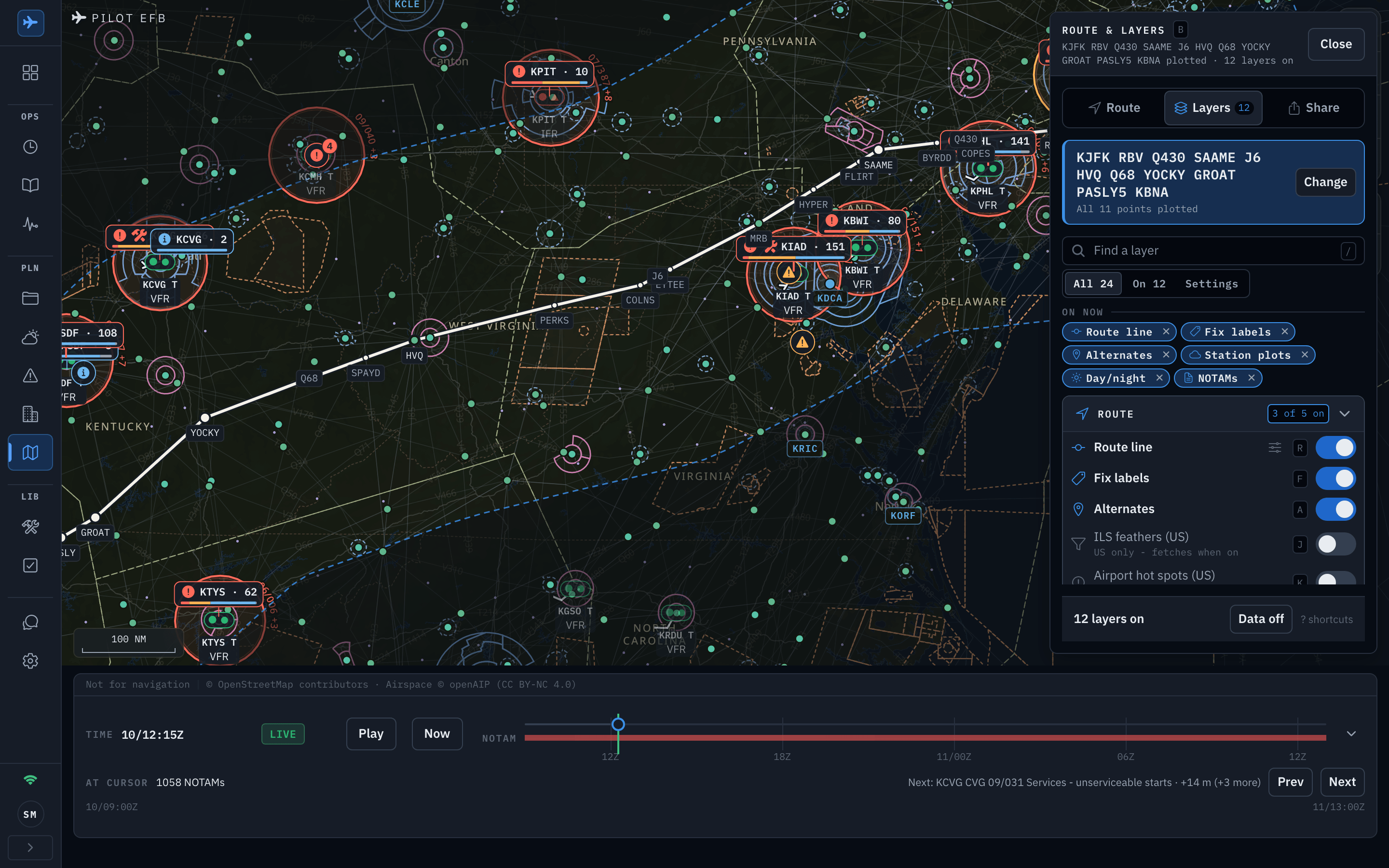 The Pilot EFB Desk Ops Map with the route and layers panel open beside the chart: Route, Layers and Share tabs, the pasted route KJFK RBV Q430 SAAME J6 HVQ Q68 YOCKY GROAT PASLY5 KBNA with a line reading all 11 points plotted and a Change button, a find-a-layer field, chips for the layers on now, and the grouped layer rows with their toggles, shortcut keys and dim controls, footed 12 layers on Shown in the app's dark appearance.
