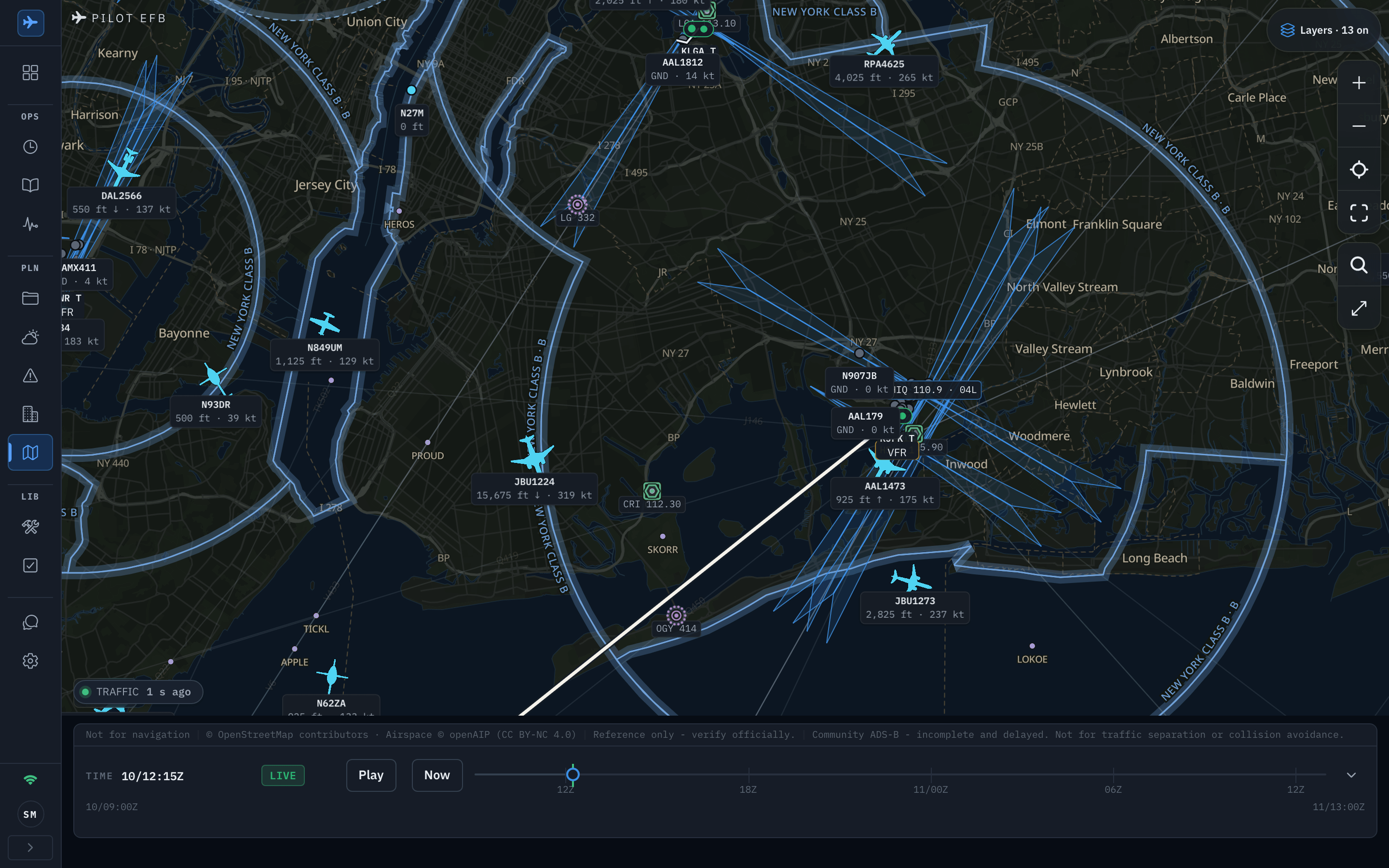 The Pilot EFB Desk Ops Map over New York with the traffic, ILS feathers, airport hot spots and station plots layers on: aircraft symbols from the community ADS-B feed around KJFK, KLGA and KEWR, each labelled with its callsign, altitude and ground speed, ILS feathers drawn on the runways, the New York Class B rings, the route line leaving KJFK, a TRAFFIC chip showing the feed age, and the traffic disclaimer in the frame Shown in the app's dark appearance.