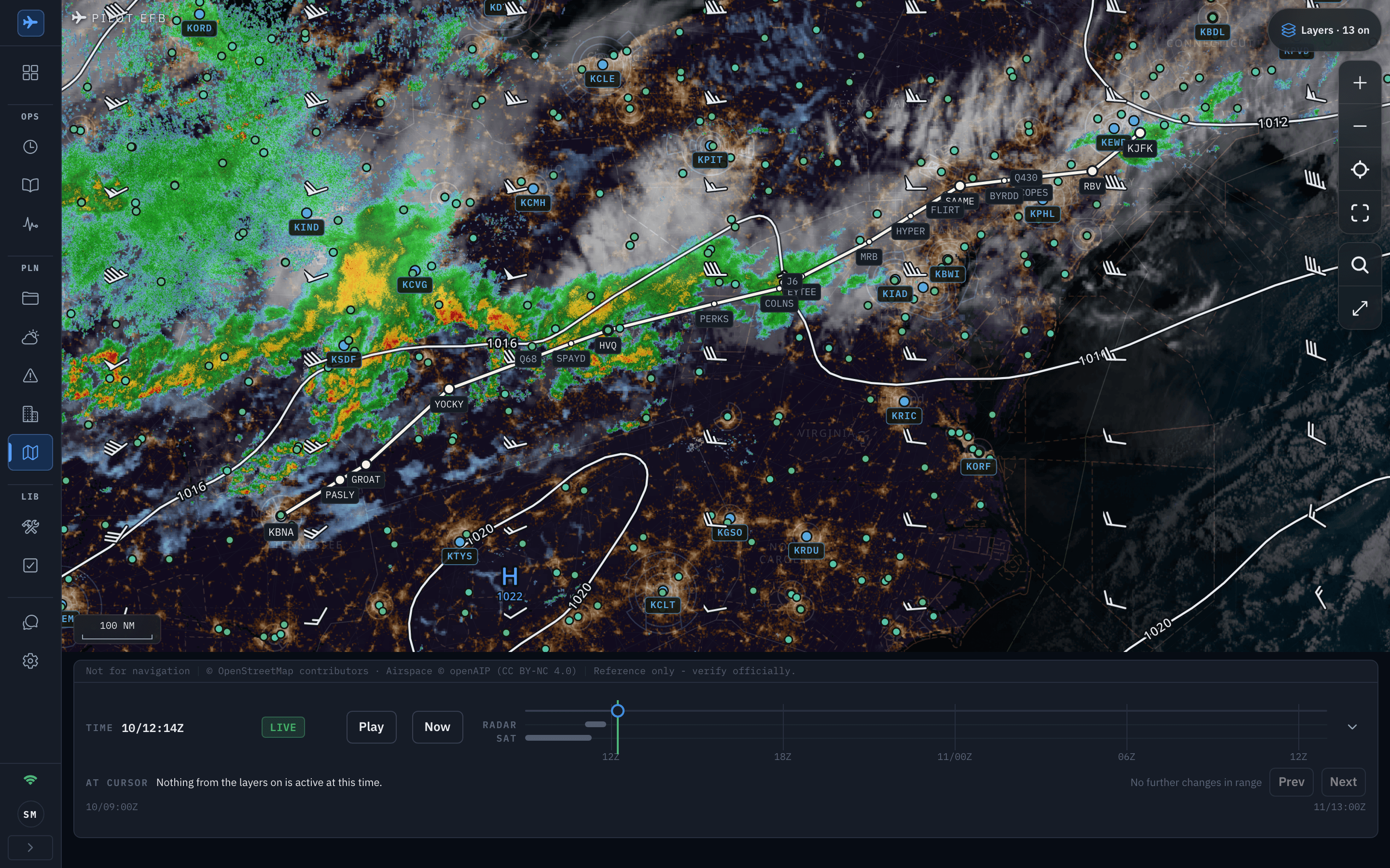 The Pilot EFB Desk Ops Map over the eastern United States with the weather layers on: a geostationary satellite image under the chart, a radar band of rain and embedded convection in green, yellow and red across the Ohio valley and the route, wind barbs at FL300, surface-pressure isobars labelled 1012 to 1020 with a high centre marked H, the route from KJFK to KBNA with its fixes, the Layers control reading 13 on, and the time bar with its radar and satellite lanes Shown in the app's dark appearance.