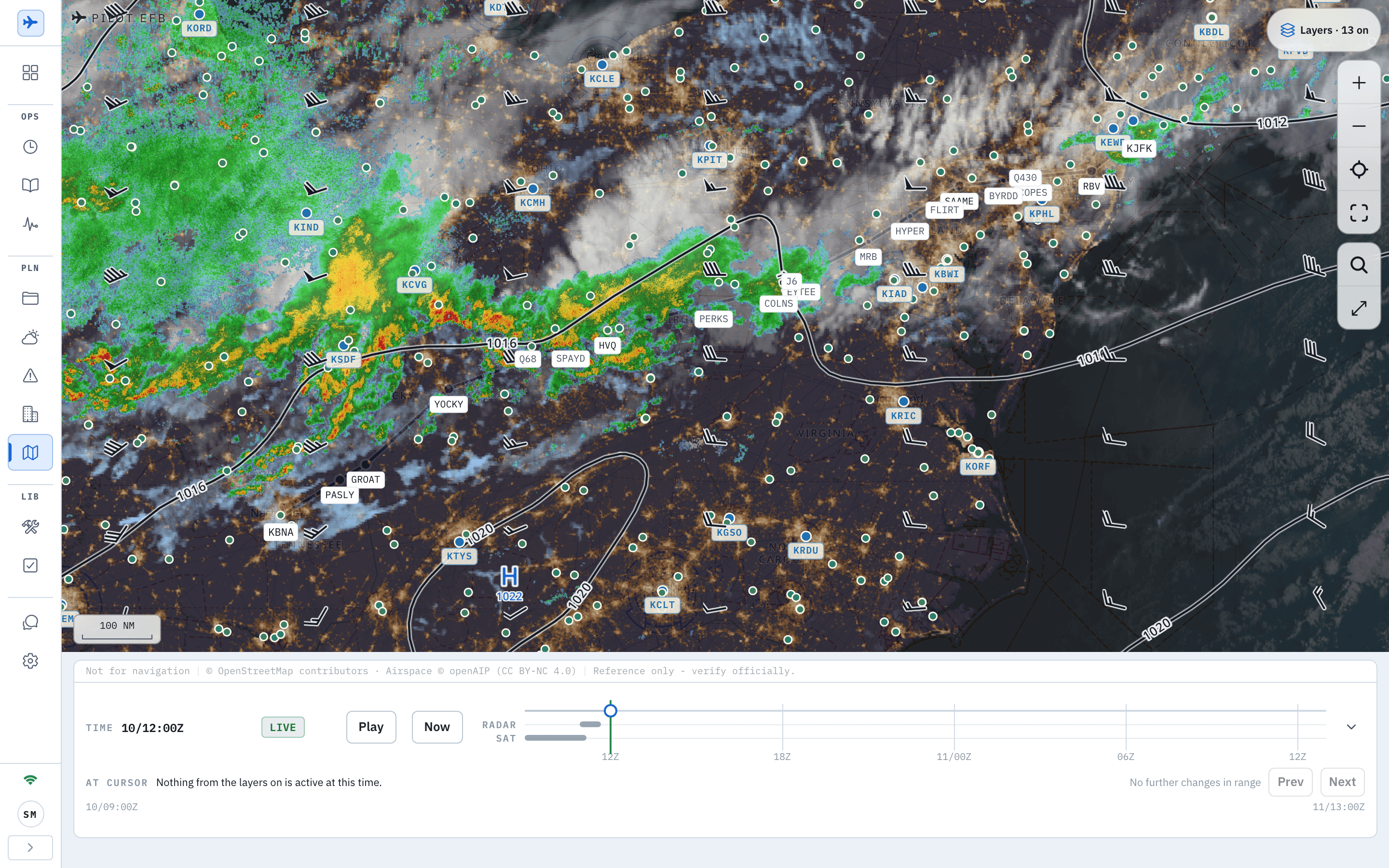The Pilot EFB Desk Ops Map over the eastern United States with the weather layers on: a geostationary satellite image under the chart, a radar band of rain and embedded convection in green, yellow and red across the Ohio valley and the route, wind barbs at FL300, surface-pressure isobars labelled 1012 to 1020 with a high centre marked H, the route from KJFK to KBNA with its fixes, the Layers control reading 13 on, and the time bar with its radar and satellite lanes