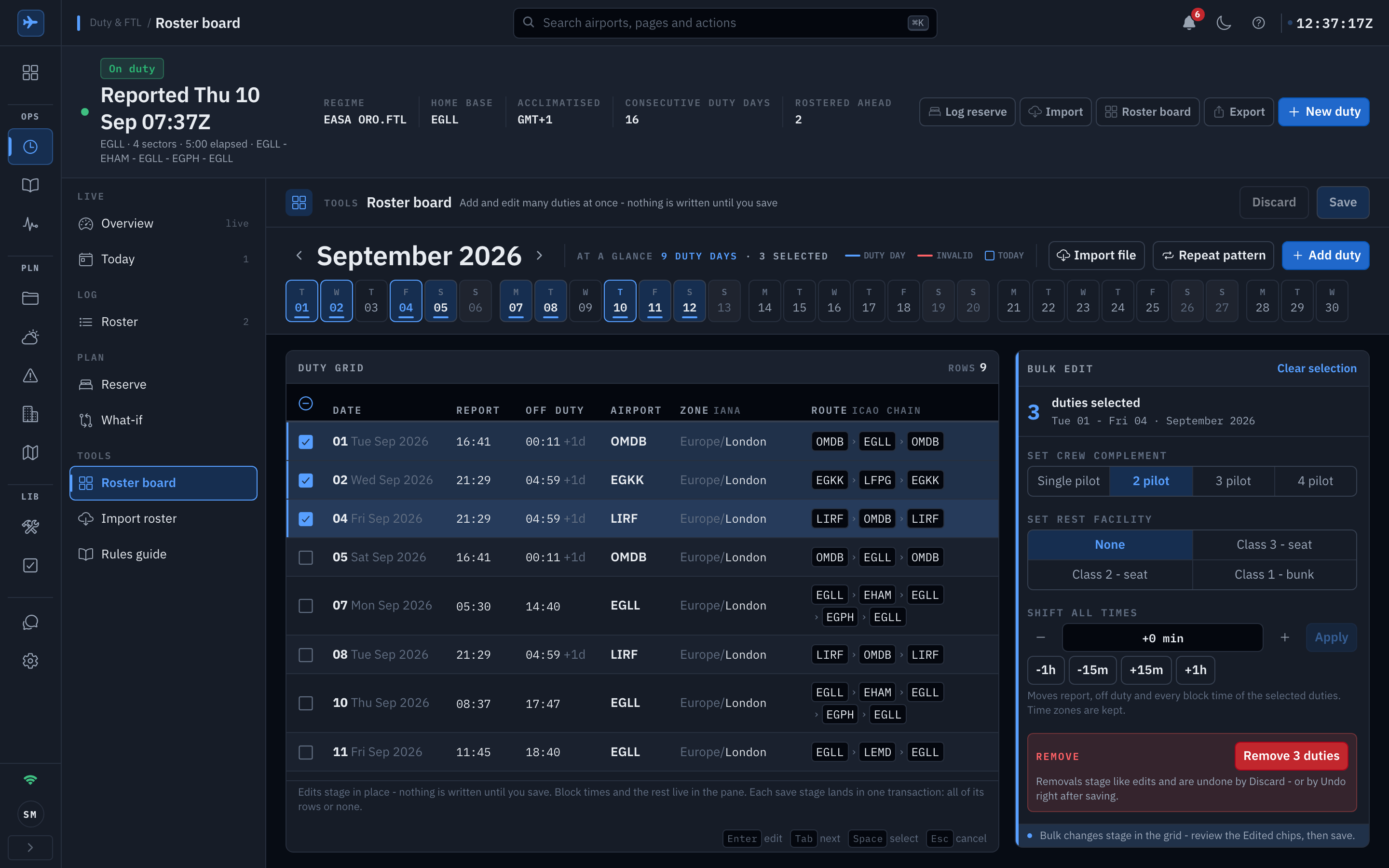 The roster board for September 2026: a month toolbar with Import file, Repeat pattern and Add duty, a month-at-a-glance ribbon marking 9 duty days, a duty grid with date, report, off duty, airport, zone and route chain columns, three rows ticked, and the bulk pane open on the right reading 3 duties selected with crew complement and rest facility choices, a shift-all-times control and a Remove 3 duties button, all staged until Save Shown in the app's dark appearance.