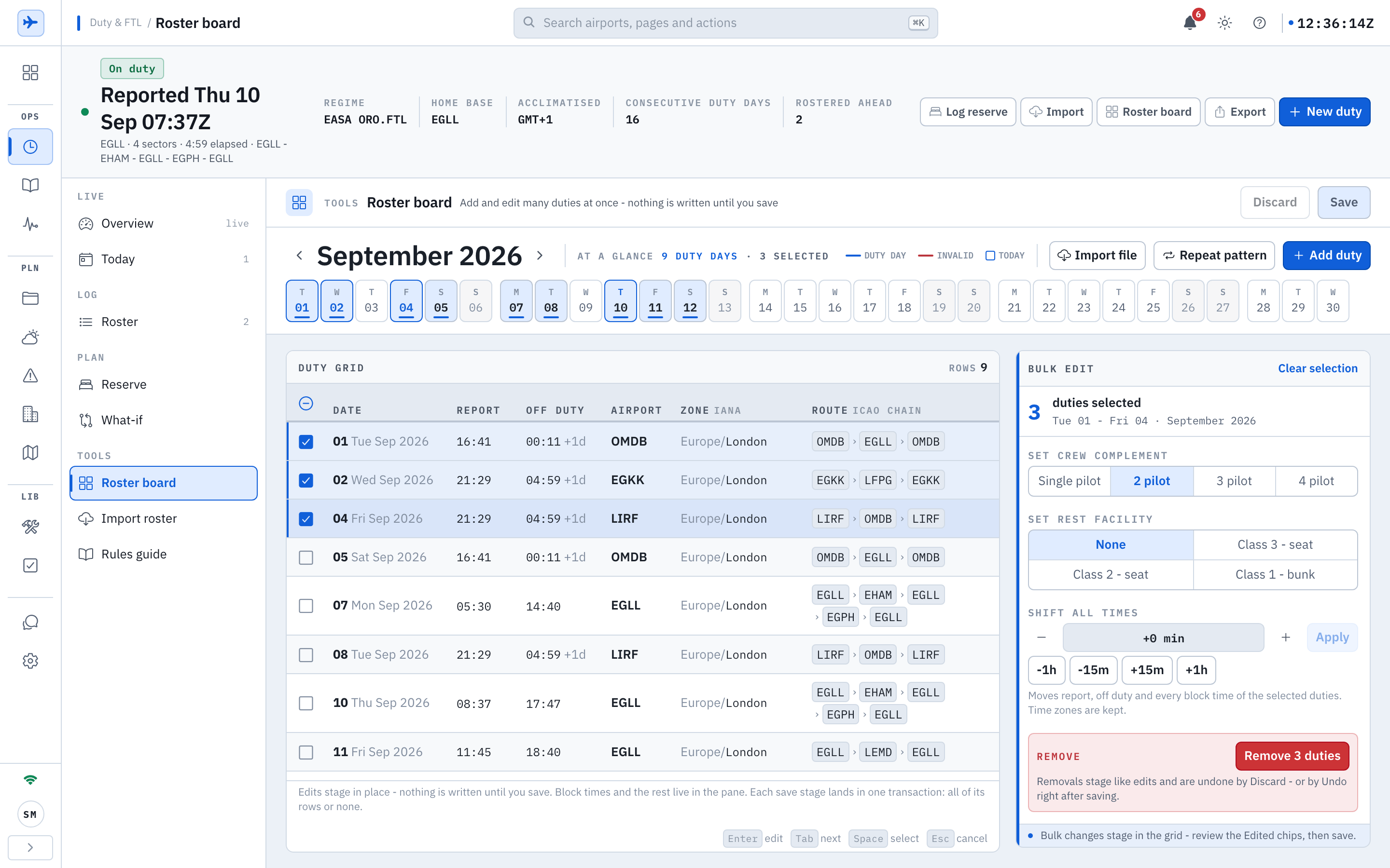 The roster board for September 2026: a month toolbar with Import file, Repeat pattern and Add duty, a month-at-a-glance ribbon marking 9 duty days, a duty grid with date, report, off duty, airport, zone and route chain columns, three rows ticked, and the bulk pane open on the right reading 3 duties selected with crew complement and rest facility choices, a shift-all-times control and a Remove 3 duties button, all staged until Save