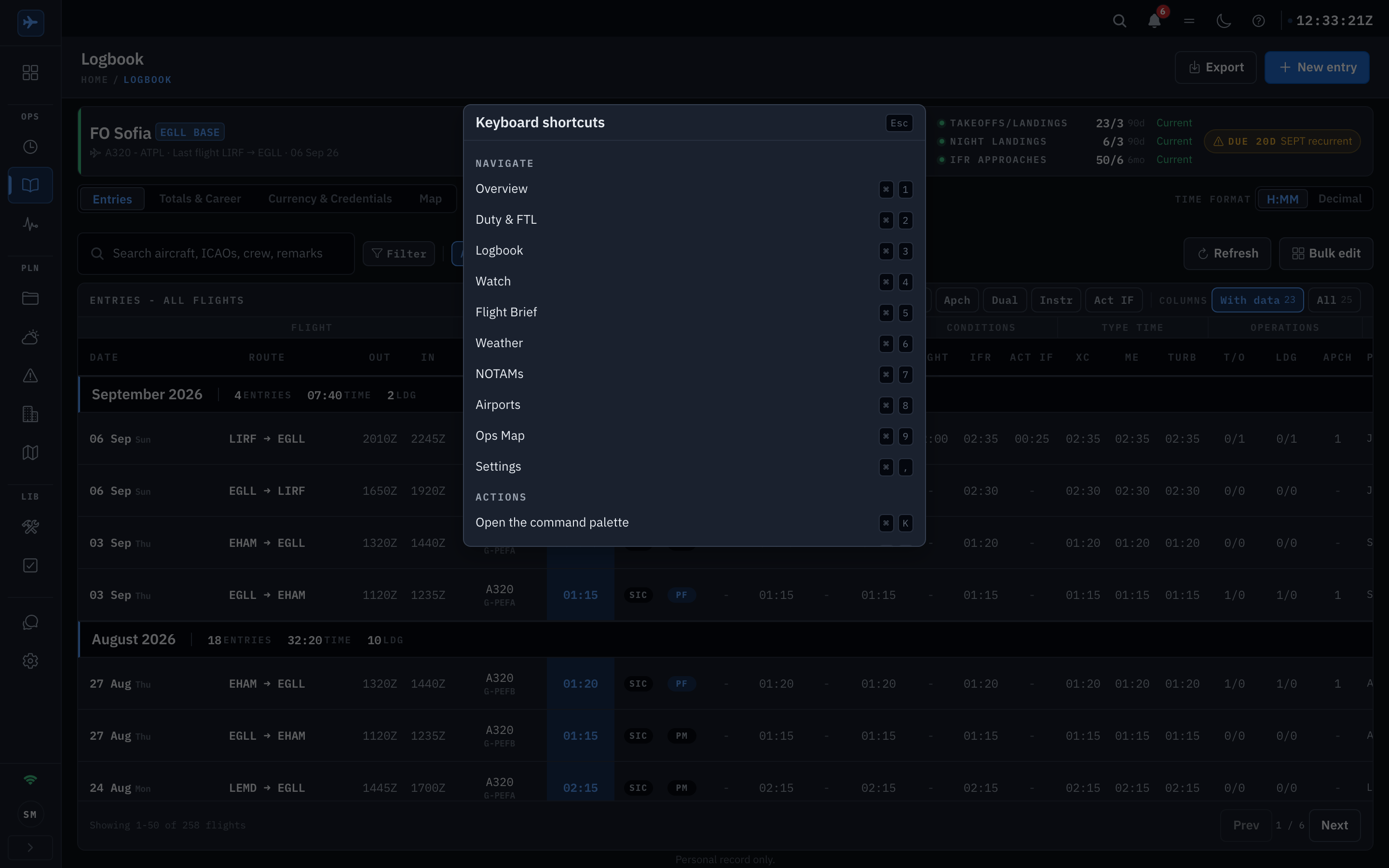 The keyboard shortcuts sheet open over the logbook: a Navigate list mapping Command 1 to 9 to Overview, Duty and FTL, Logbook, Watch, Flight Brief, Weather, NOTAMs, Airports and Ops Map, Command comma for Settings, and an Actions list with Command K for the command palette Shown in the app's dark appearance.