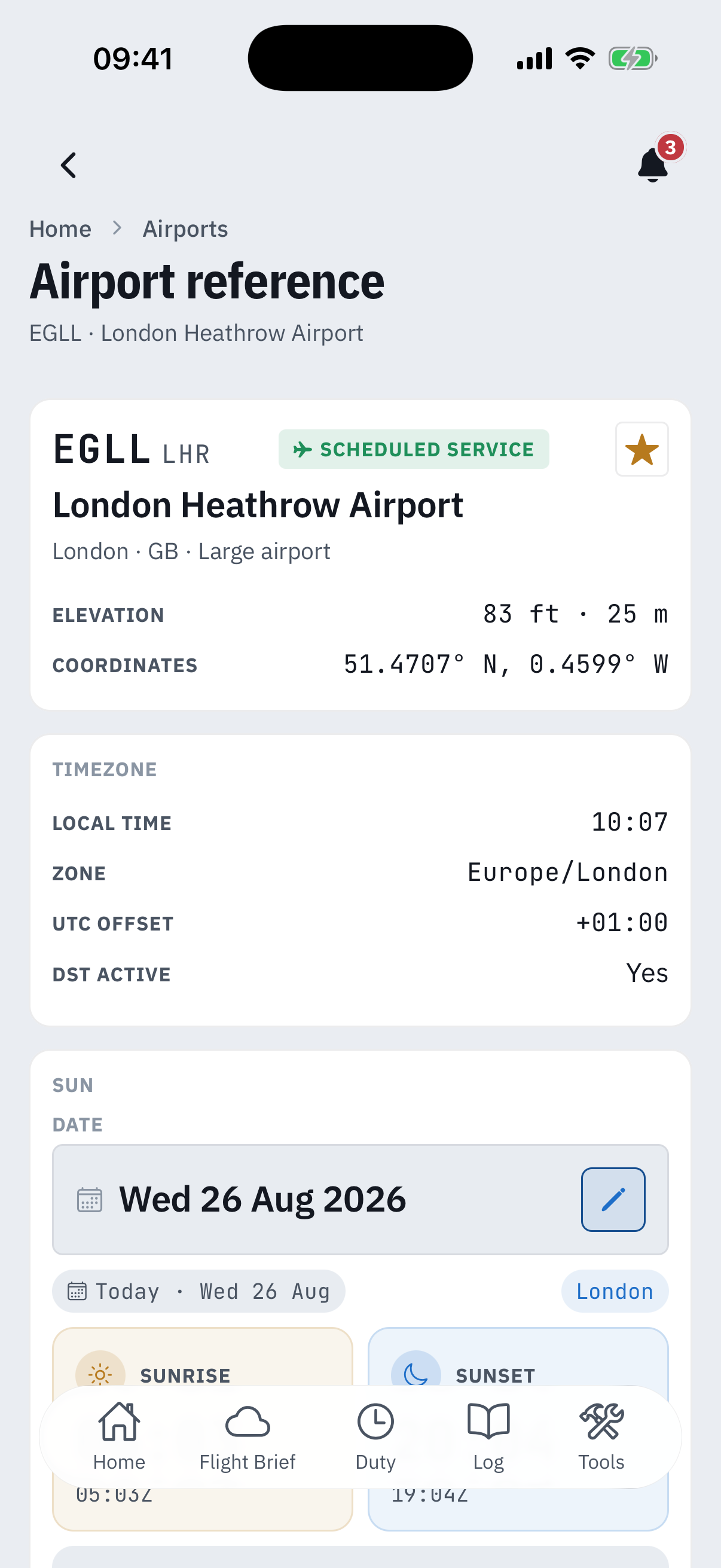 The EGLL reference page top: the identity card with EGLL and LHR codes, a Scheduled service pill, a filled favourite star, London Heathrow Airport, London GB Large airport, elevation 83 ft and 25 m, coordinates 51.4707 N 0.4599 W, then the Timezone card with local time 10:07, zone Europe/London, UTC offset +01:00 and DST active Yes