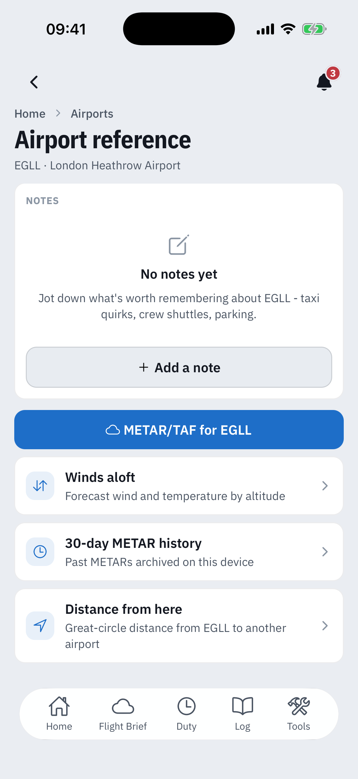 The foot of the EGLL reference page: the Notes card with a No notes yet empty state inviting taxi quirks, crew shuttles and parking, an Add a note button, then the shortcut rows - METAR/TAF for EGLL, Winds aloft, 30-day METAR history and Distance from here, each with a caption