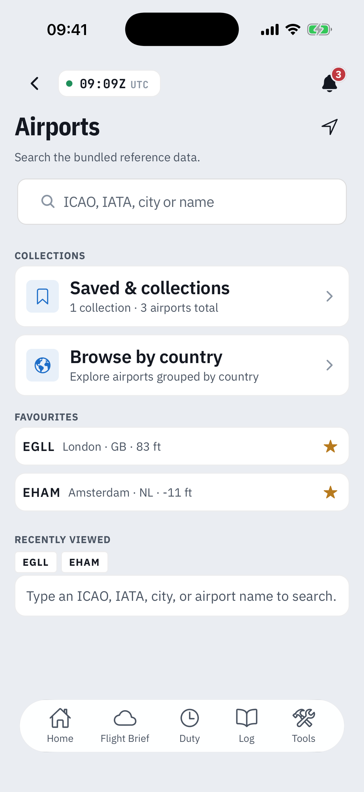 The Airports page: a search field with placeholder ICAO, IATA, city or name, a Saved and collections card reading 1 collection, 3 airports total, a Browse by country card, a Favourites section with EGLL London 83 ft and EHAM Amsterdam -11 ft rows each carrying a gold star, and a Recently viewed strip with EGLL and EHAM pills