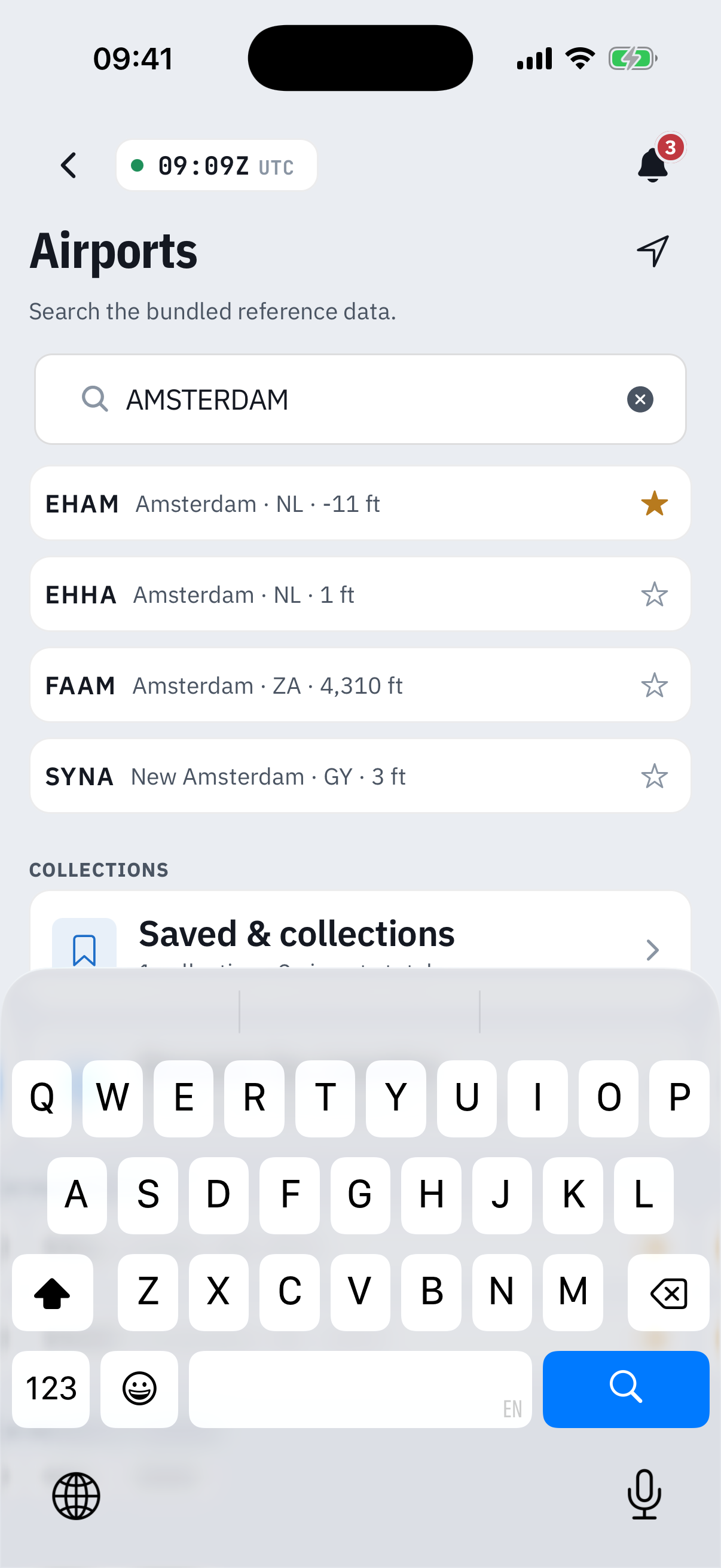 The airport search with AMSTERDAM typed: result rows for EHAM Amsterdam -11 ft carrying a filled gold star, EHHA Amsterdam 1 ft, FAAM Amsterdam South Africa 4,310 ft and SYNA New Amsterdam Guyana 3 ft, each with an outline star, above the keyboard