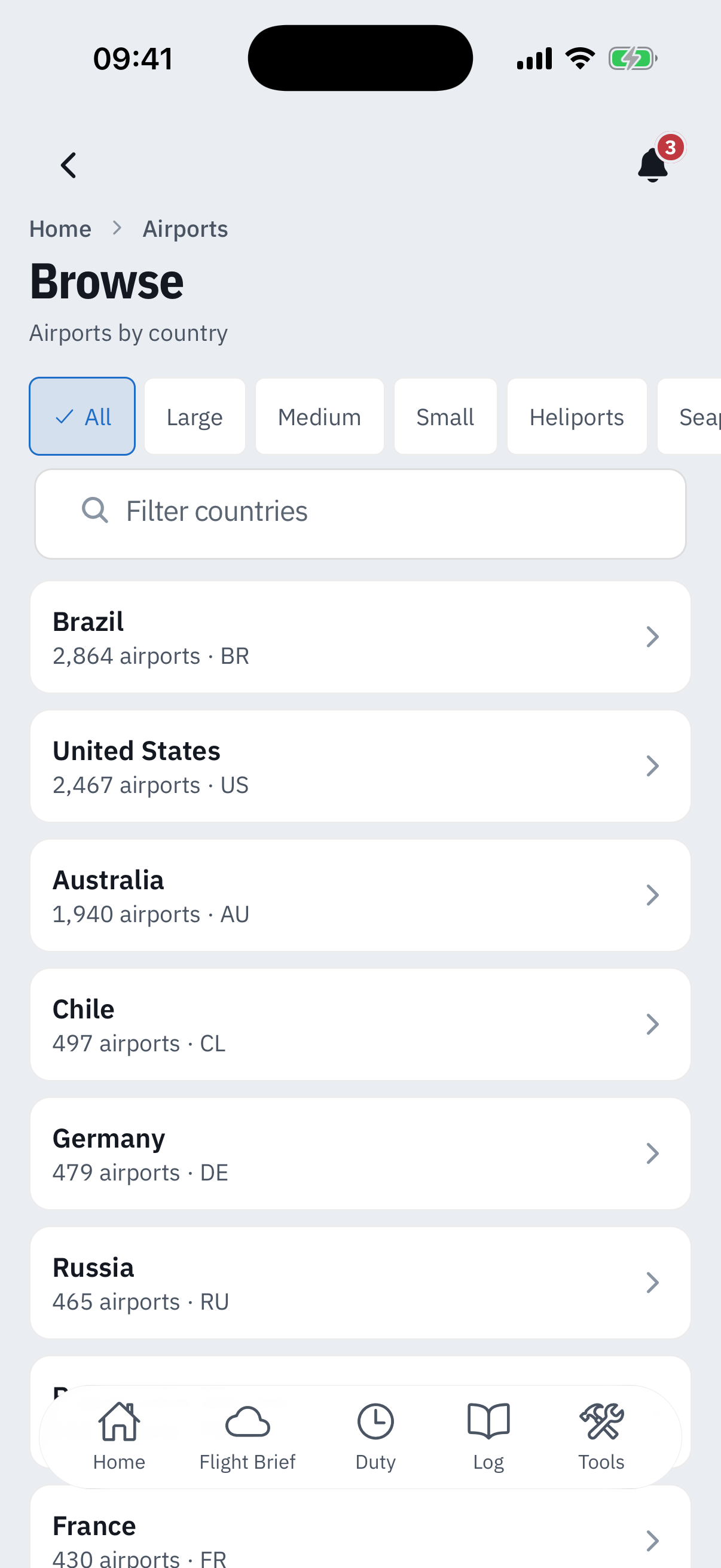 The Browse page, airports by country: type filter chips All, Large, Medium, Small, Heliports and Seaplane with All selected, a Filter countries search field, and country rows for Brazil 2,864 airports, United States 2,467, Australia 1,940, Chile 497, Germany 479 and Russia 465