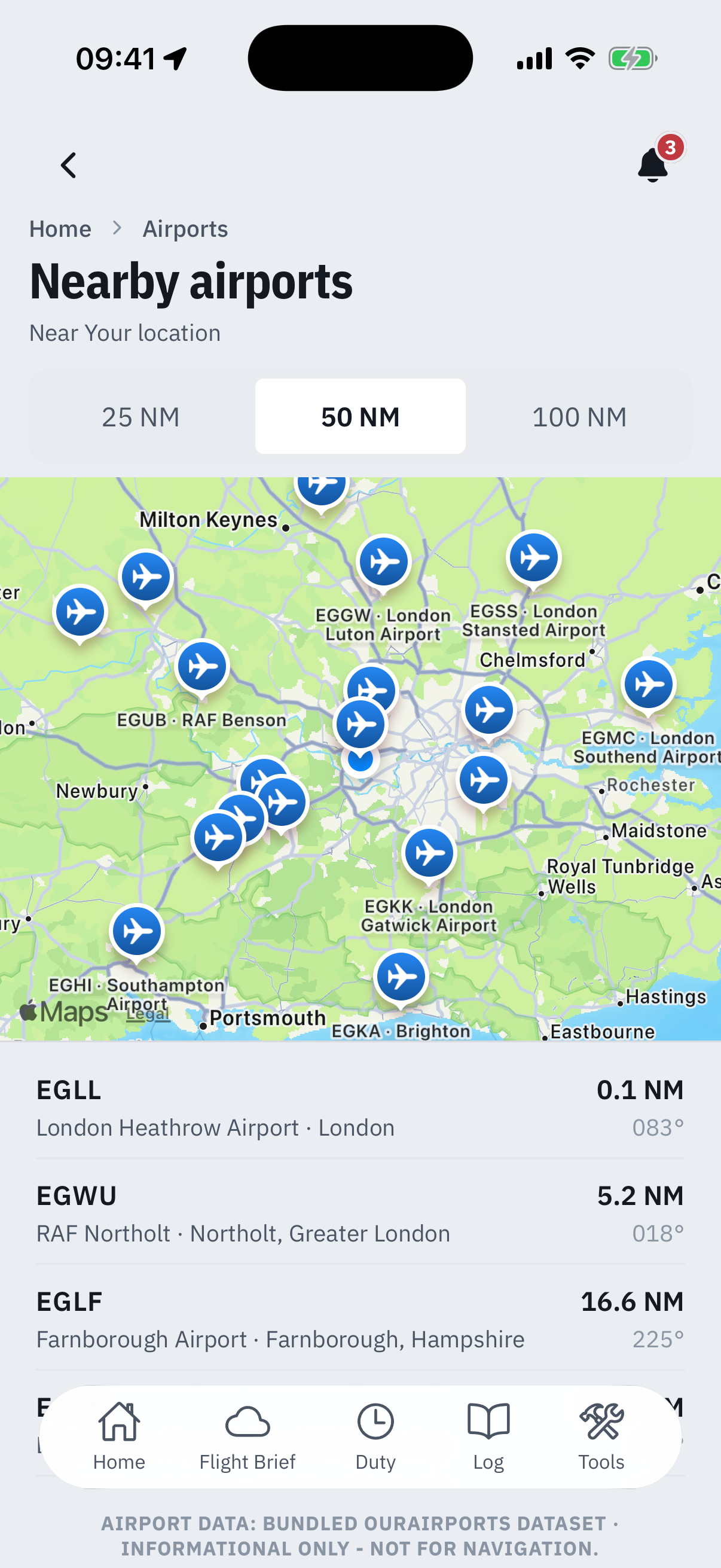 The Nearby airports screen near your location: a 25, 50 and 100 NM radius control set to 50, an Apple map of southeast England with airplane pins labelled EGGW London Luton, EGSS London Stansted, EGKK London Gatwick and others, and a distance list reading EGLL London Heathrow 0.1 NM 083 degrees, EGWU RAF Northolt 5.2 NM and EGLF Farnborough 16.6 NM, footed by Airport data: bundled OurAirports dataset, informational only, not for navigation