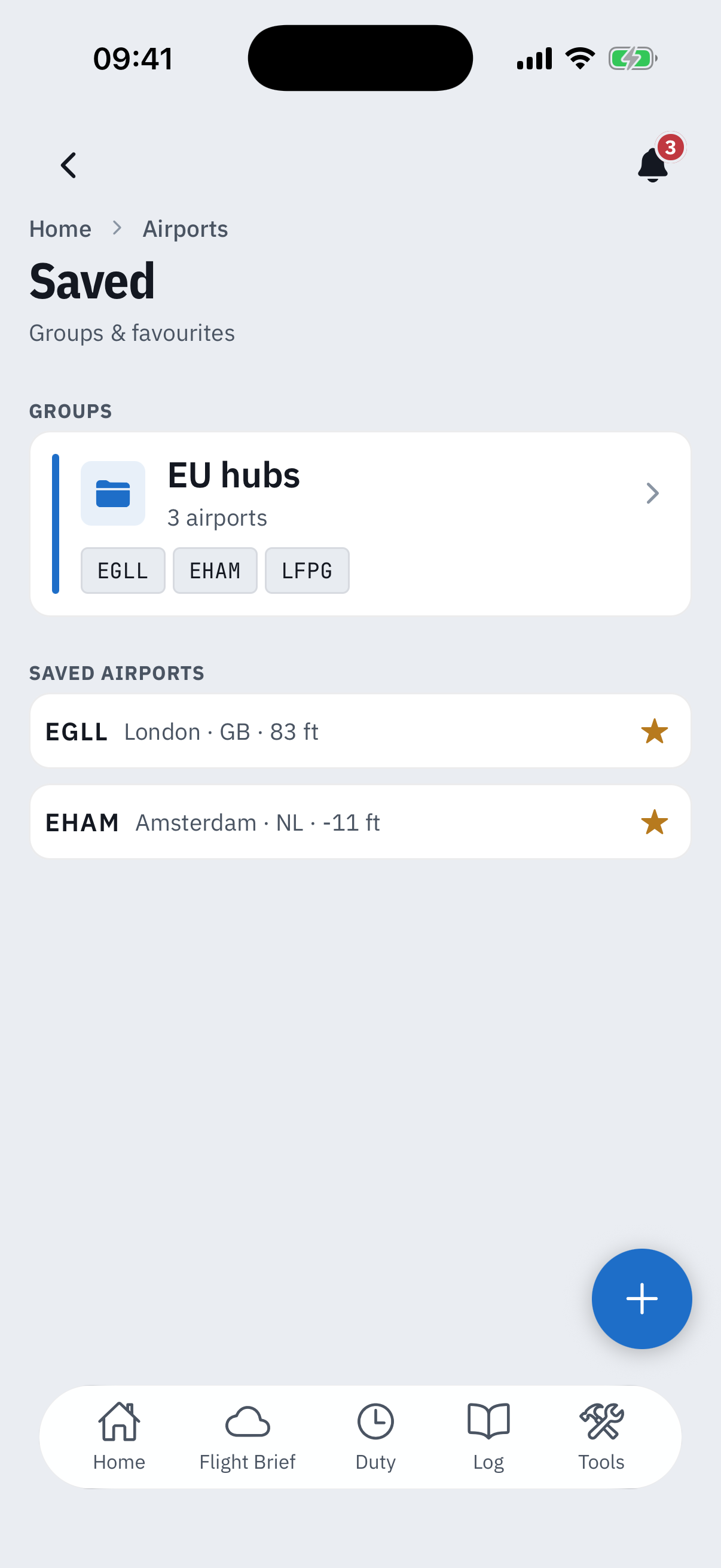 The Saved page, groups and favourites: a Groups section with an EU hubs card reading 3 airports and EGLL, EHAM and LFPG chips, a Saved airports section with starred EGLL London 83 ft and EHAM Amsterdam -11 ft rows, and a plus button bottom right for a new group