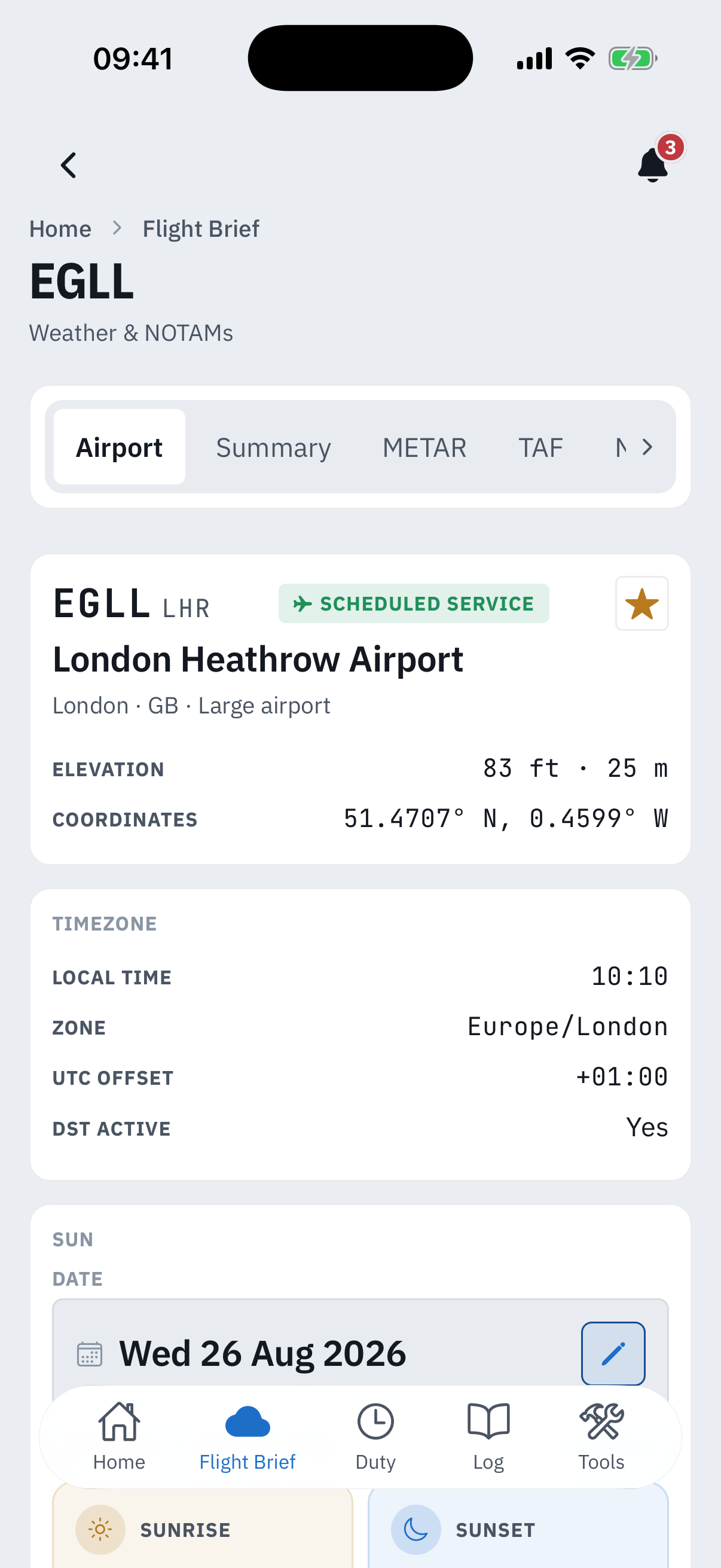 The EGLL station workbench on its Airport tab: the segment strip with Airport selected ahead of Summary, METAR and TAF, then the same reference cards - the EGLL identity card with scheduled service pill and favourite star, the timezone card with local time 10:10 and DST active, and the top of the Sun card
