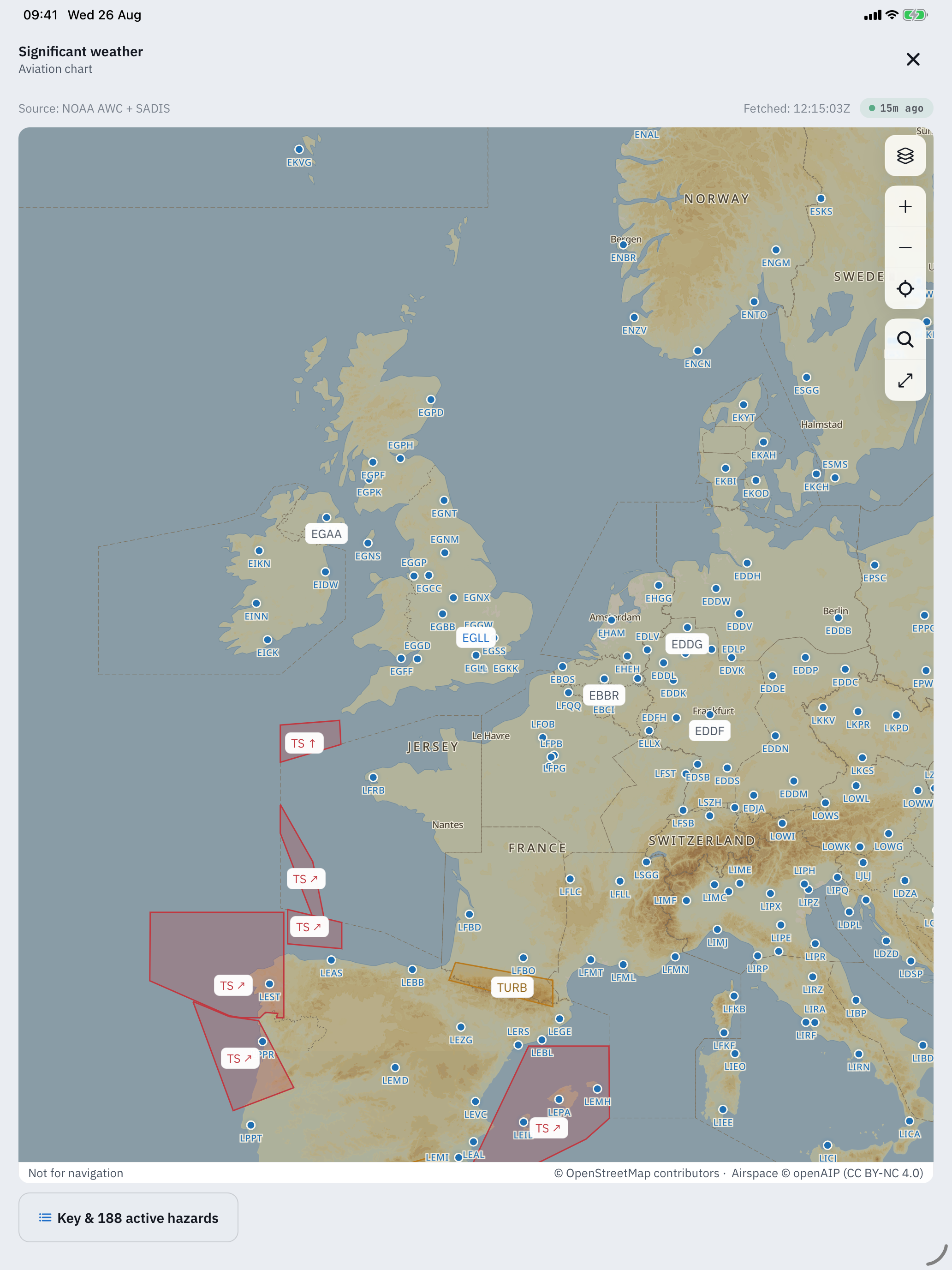 The full-screen significant weather chart on iPad: northwest Europe from Ireland to Sweden with terrain shading, hundreds of blue airport dots and ICAO labels, red thunderstorm SIGMET polygons off Biscay and Iberia and an amber turbulence area over the Pyrenees, the layers, zoom, search and ruler rail top right, the Not for navigation and OpenStreetMap and openAIP credits band, and the Key and 188 active hazards pill bottom left