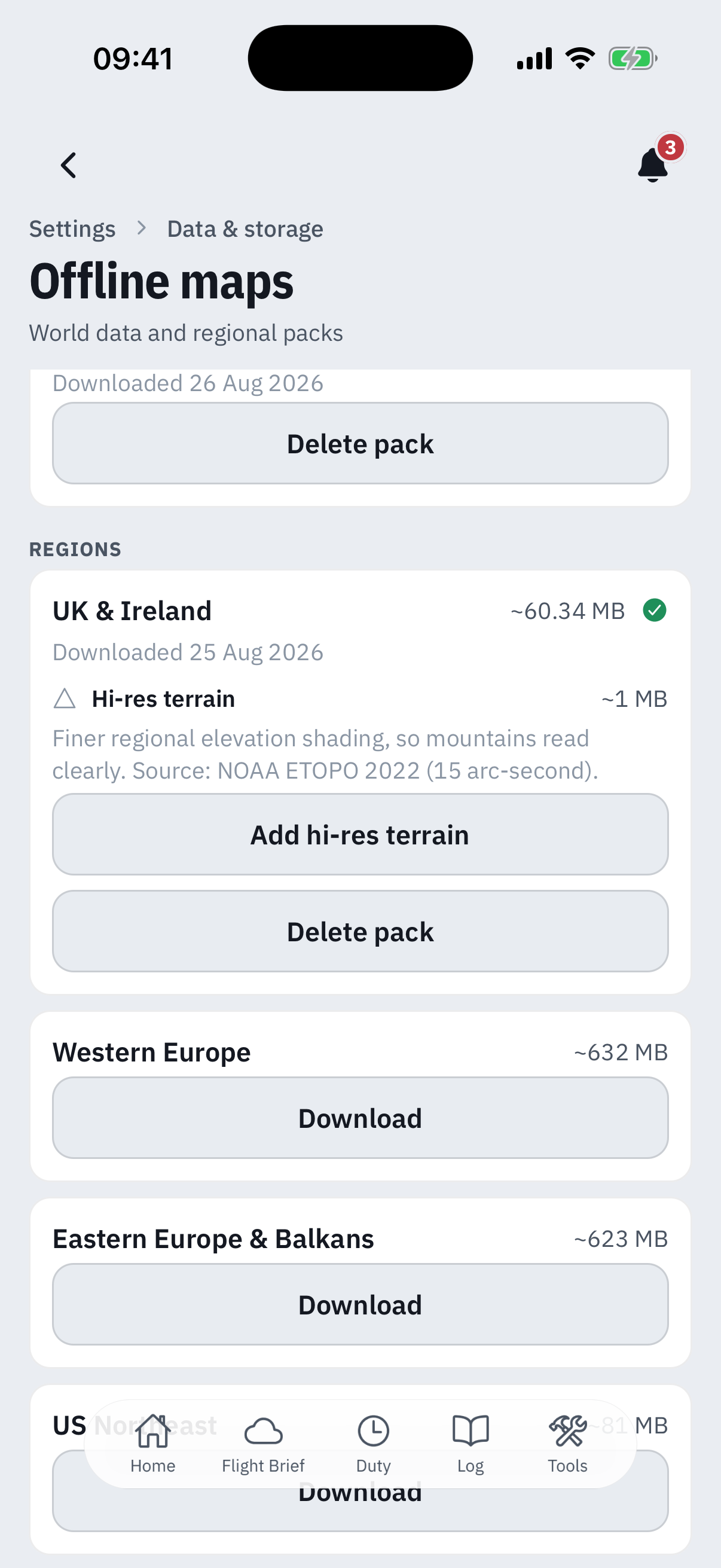 The Regions section of the Offline maps screen: UK and Ireland about 60.34 MB with a green tick, downloaded 25 Aug 2026, an Add hi-res terrain option at about 1 MB citing NOAA ETOPO 2022 15 arc-second, a Delete pack button, then Western Europe about 632 MB and Eastern Europe and Balkans about 623 MB each with a Download button