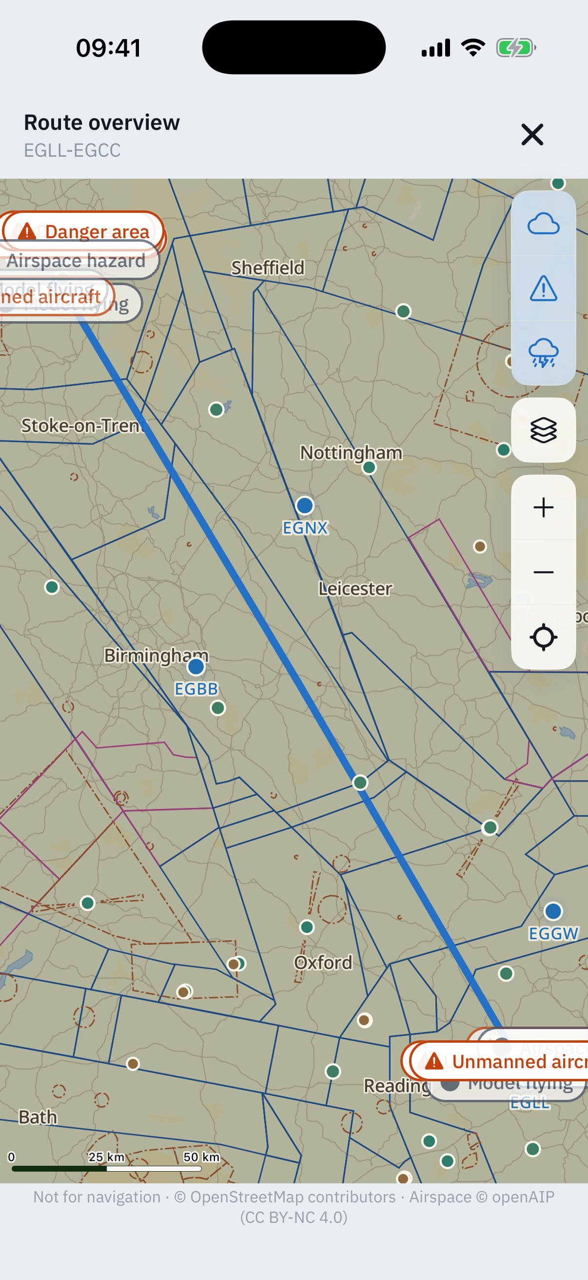 The full-screen route chart for EGLL to EGCC: the blue route line across the English Midlands surrounded by openAIP airspace lines, blue airport dots labelled EGNX, EGBB and EGGW, red-bordered NOTAM area pills reading Danger area, Airspace hazard, Model flying and Unmanned aircraft, three overlay chips and the layers, zoom and recenter rail on the right, and the Not for navigation line with the OpenStreetMap and openAIP credits at the foot