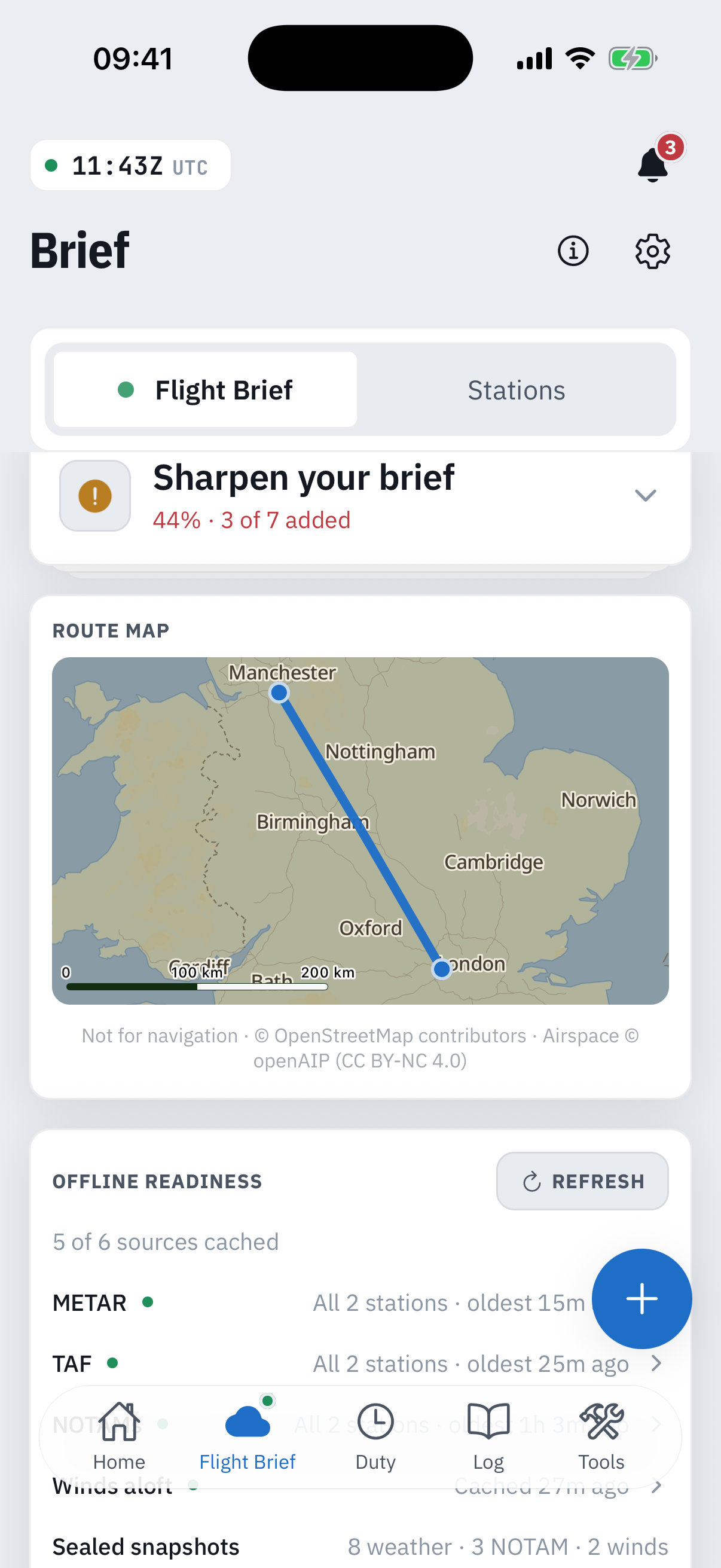 The Flight Brief's Overview pane: the Route map card with an EGLL to EGCC route drawn on the offline chart of southern England, the line Not for navigation, OpenStreetMap contributors, Airspace openAIP beneath it, a Sharpen your brief progress band above and the Offline readiness list below with green dots for METAR, TAF, NOTAMs and winds
