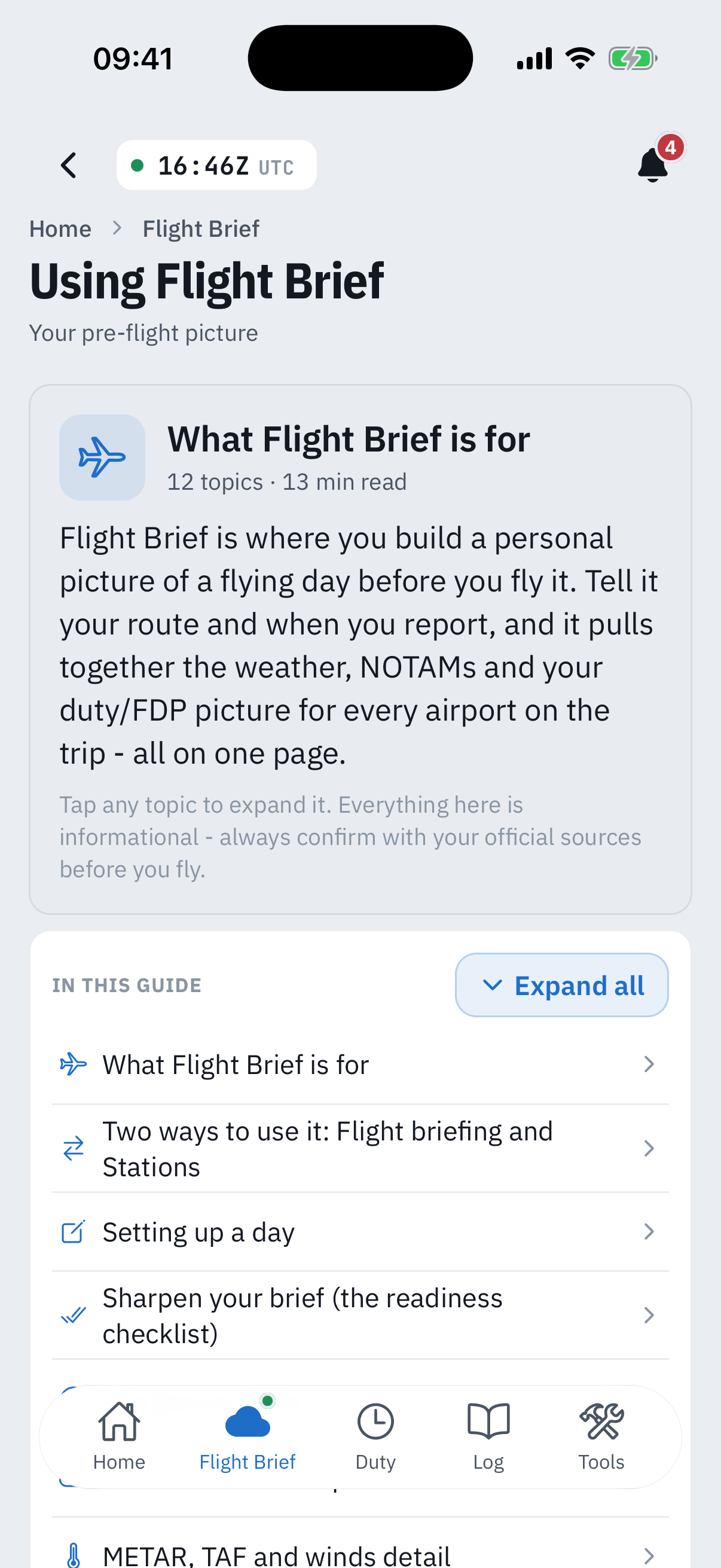 The Using Flight Brief guide screen, subtitled Your pre-flight picture: a What Flight Brief is for card noting 12 topics and a 13 minute read, an introduction explaining Flight Brief builds a personal picture of a flying day, and an In this guide list with topics such as Two ways to use it, Setting up a day and Sharpen your brief