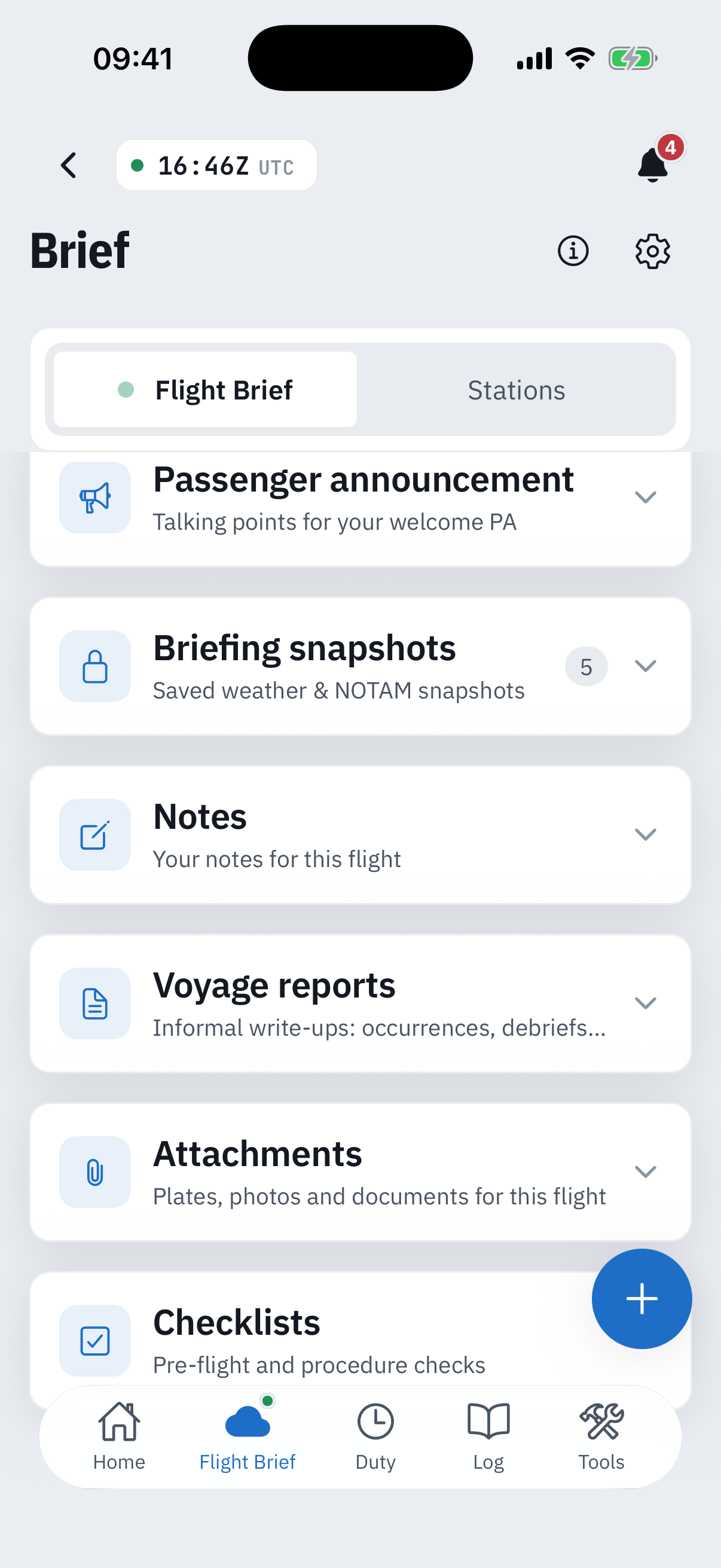 The More pane's record decks, each a folded card with a subtitle: Passenger announcement talking points, Briefing snapshots counting 5 saved weather and NOTAM snapshots, Notes for this flight, Voyage reports for informal write-ups, Attachments for plates photos and documents, and Checklists for pre-flight and procedure checks