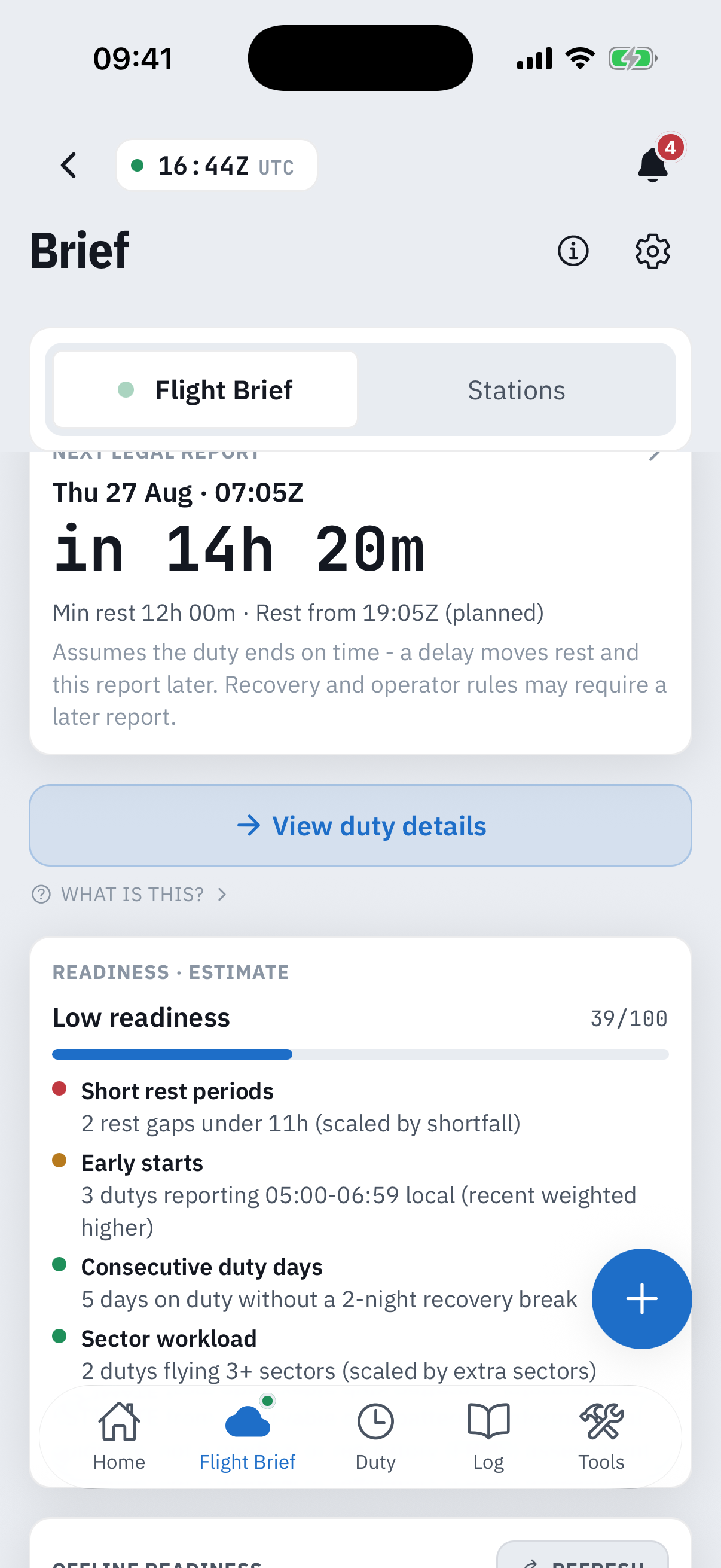 Further down the Overview: a Next legal report card reading Thu 27 Aug 07:05Z, in 14h 20m, min rest 12h 00m with the note that it assumes the duty ends on time, a View duty details button, a What is this link, and the Readiness estimate card showing Low readiness 39 out of 100 with drivers such as short rest periods and early starts