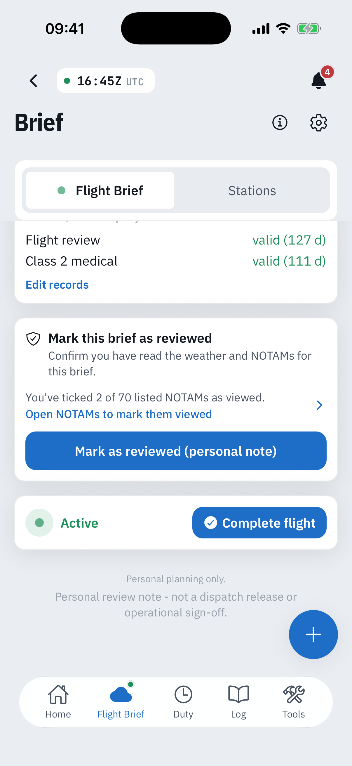 The foot of the Overview: credential rows reading Flight review valid 127 days and Class 2 medical valid 111 days, the Mark this brief as reviewed card with the line You've ticked 2 of 70 listed NOTAMs as viewed and a Mark as reviewed personal note button, the Active lifecycle bar with a Complete flight button, and the closing lines Personal planning only and Personal review note, not a dispatch release or operational sign-off