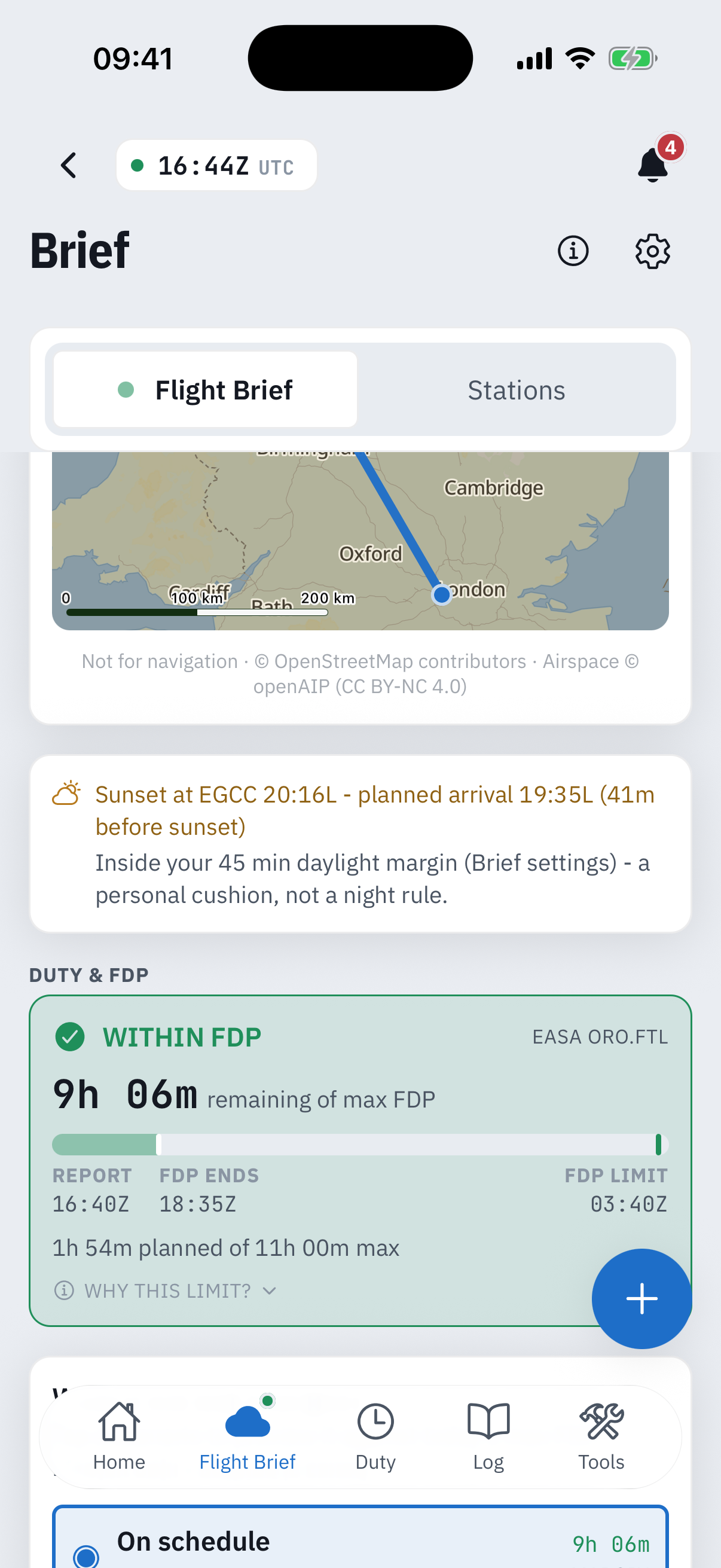 The Overview's Duty and FDP section: a green Within FDP band labelled EASA ORO.FTL showing 9h 06m remaining of max FDP, a usage bar, and a rail reading Report 16:40Z, FDP ends 18:35Z, FDP limit 03:40Z with 1h 54m planned of 11h 00m max and a Why this limit disclosure - beneath the route map card's Not for navigation attribution line and a sunset-at-destination note