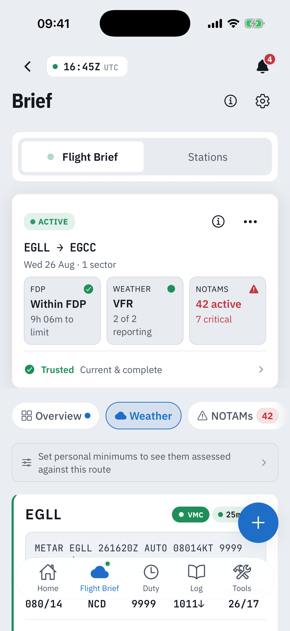 The Weather pane of an active folder: the section rail with Weather selected, a row inviting you to set personal minimums to see them assessed against this route, and the EGLL station card with a VMC pill, the raw METAR EGLL 261620Z AUTO 08014KT 9999 in monospace and a decoded strip showing wind 080 at 14, no cloud detected, visibility 9999 and QNH 1011