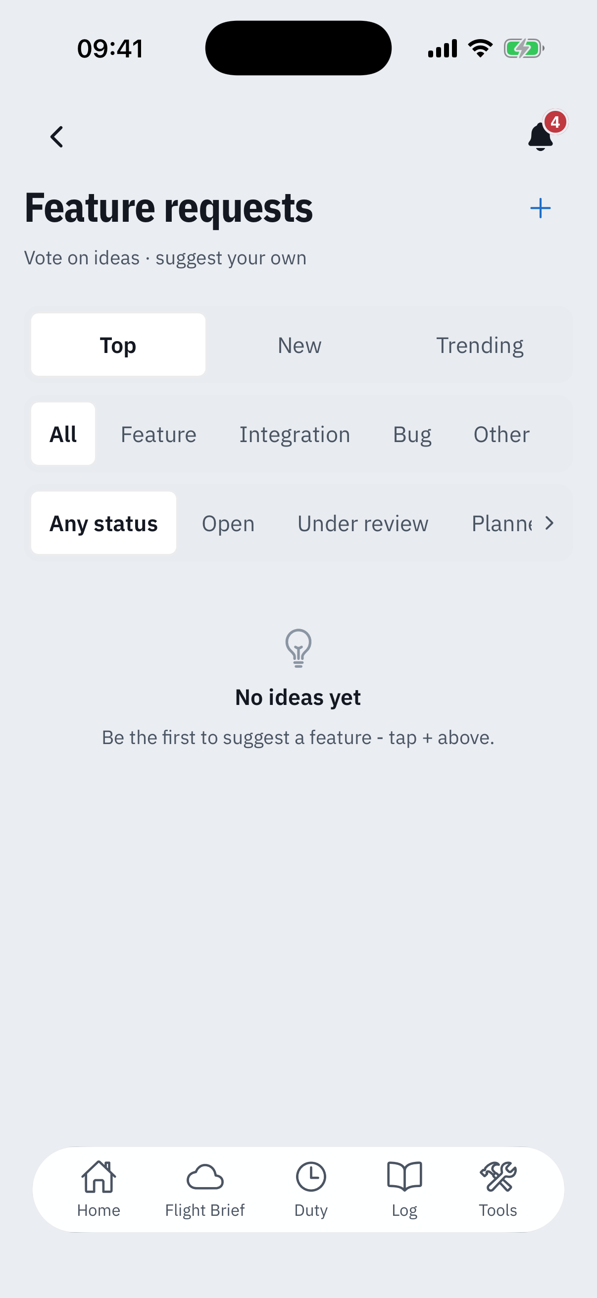 The Feature requests board: subtitle Vote on ideas, suggest your own, a + button, sort segments Top, New and Trending, category filters All, Feature, Integration, Bug and Other, a status rail from Any status through Open, Under review and Planned, and an honest empty state reading No ideas yet, be the first to suggest a feature, tap + above