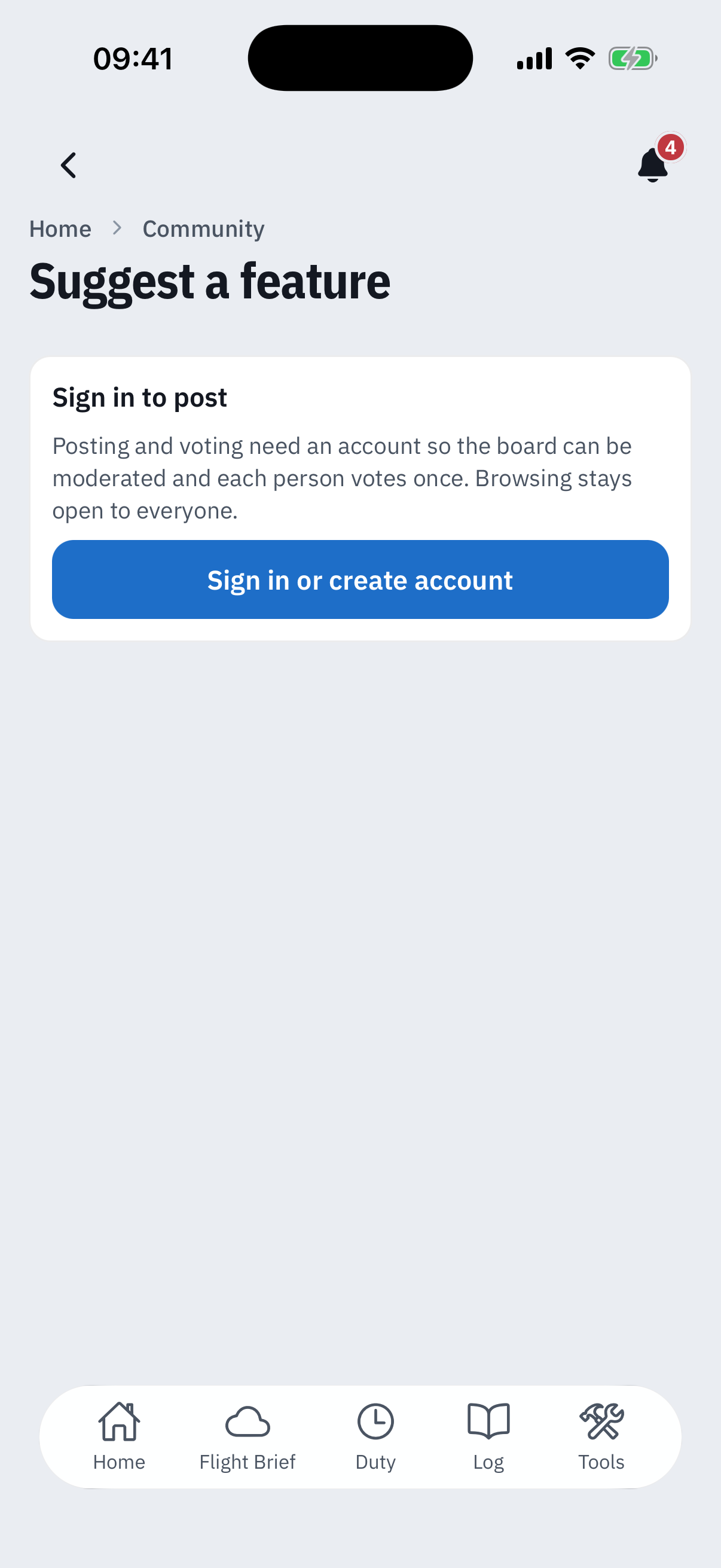 The Suggest a feature screen as a signed-out guest: breadcrumb Home, Community, a card titled Sign in to post explaining that posting and voting need an account so the board can be moderated and each person votes once, that browsing stays open to everyone, and a Sign in or create account button