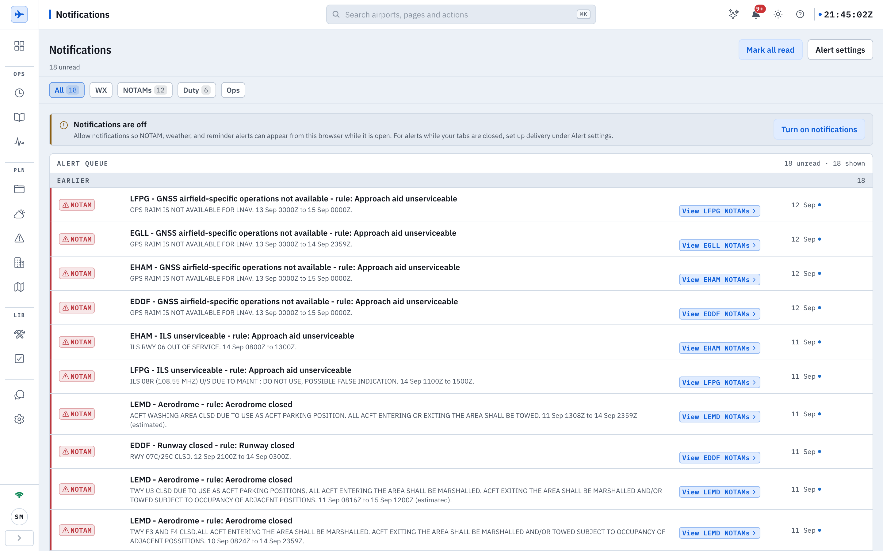 The Notifications page: a header reading Notifications, 18 unread, with Mark all read and Alert settings buttons, filter chips All 18, WX, NOTAMs 12, Duty 6 and Ops, a band reading Notifications are off, Allow notifications so NOTAM, weather, and reminder alerts can appear from this browser while it is open, with a Turn on notifications button, and an ALERT QUEUE panel reading 18 unread 18 shown with an EARLIER band of NOTAM rows such as LFPG - GNSS airfield-specific operations not available - rule Approach aid unserviceable, EGLL, EHAM and EDDF rows of the same rule, EHAM - ILS unserviceable, LEMD - Aerodrome closed and EDDF - Runway closed - rule Runway closed, each with its raw text line, a View LFPG NOTAMs style button and a 12 Sep or 11 Sep date with an unread dot