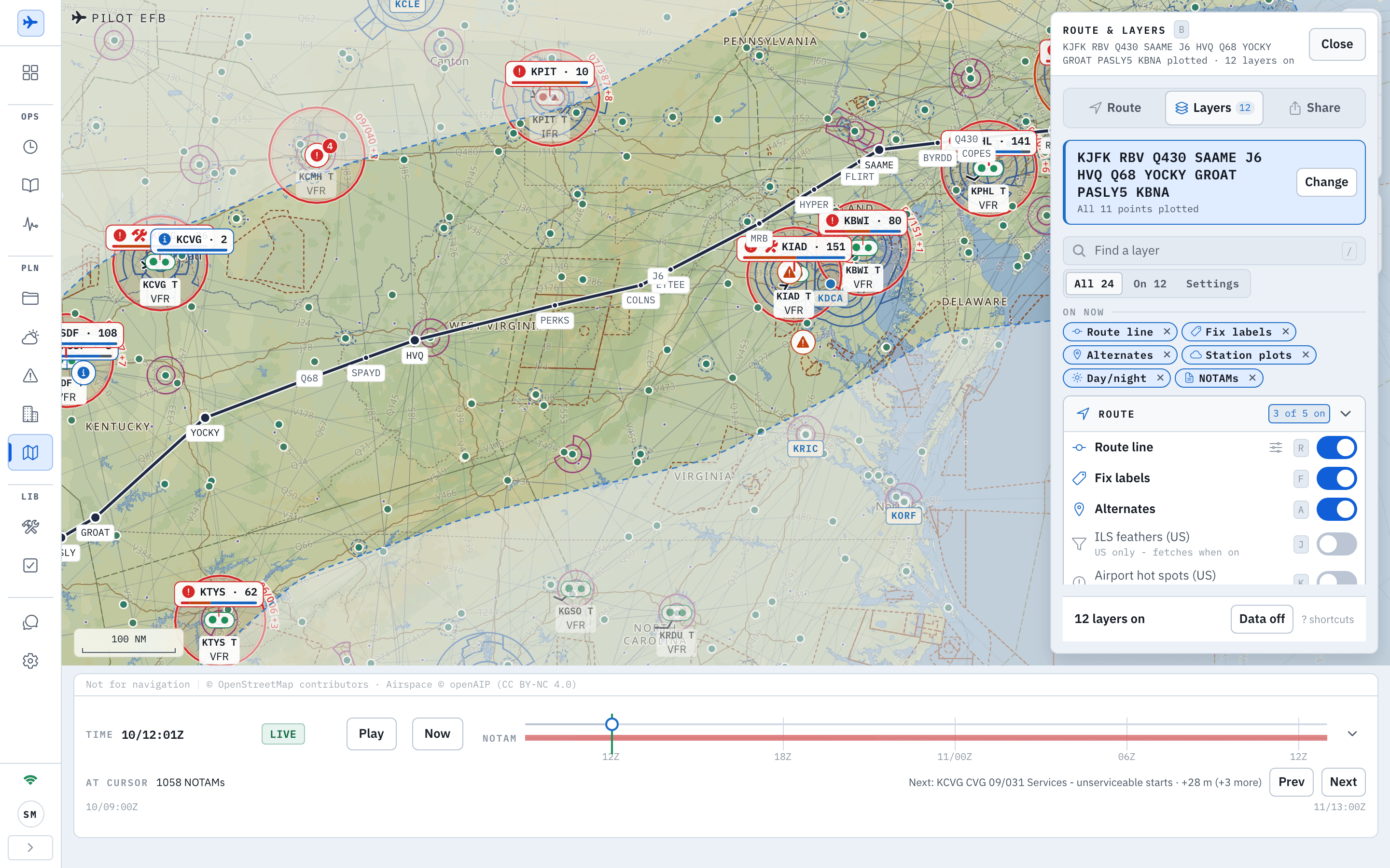 The Desk Ops Map with the Route and layers panel open on the right over the KJFK to KBNA chart: a header reading ROUTE & LAYERS with a B keycap and a Close button, the summary KJFK RBV Q430 SAAME J6 HVQ Q68 YOCKY GROAT PASLY5 KBNA plotted, 12 layers on, tabs for Route, Layers 12 and Share, a route card repeating the string with All 11 points plotted and a Change button, a Find a layer field with a slash keycap, scope chips All 24, On 12 and Settings, an On now row of chips for Route line, Fix labels, Alternates, Station plots, Day/night and NOTAMs each with an x, a ROUTE group reading 3 of 5 on with toggles for Route line R, Fix labels F and Alternates A switched on and ILS feathers (US) J captioned US only, fetches when on, and Airport hot spots (US) K switched off, and a footer reading 12 layers on with a Data off button and a shortcuts link