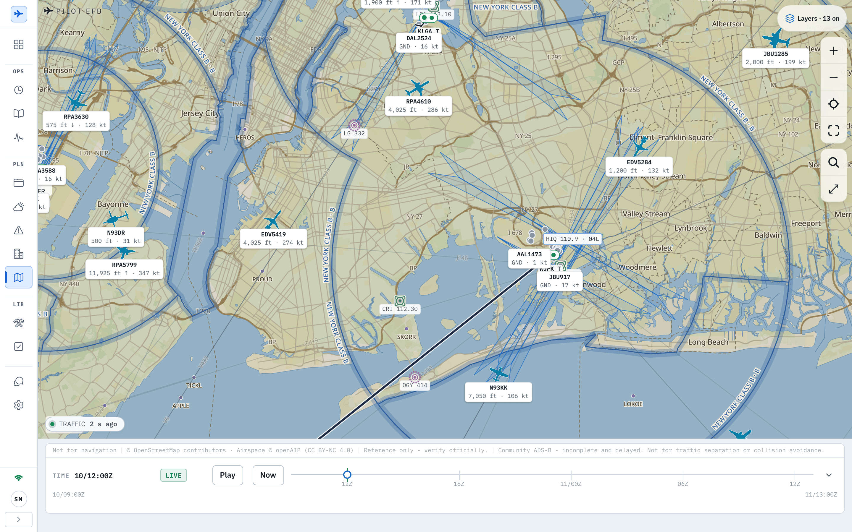 The Desk Ops Map zoomed to New York with the traffic layer on: aircraft symbols around KJFK, KLGA and KEWR each labelled with a callsign, altitude and ground speed such as DAL2524 GND 16 kt, RPA4610 4,025 ft 286 kt, JBU1285 2,000 ft 199 kt and N93KK 7,050 ft 106 kt, the New York Class B rings drawn in blue, ILS feathers fanning from the KJFK runways, navaid labels including CRI 112.30 and LGA 113.10, the route line leaving KJFK to the south-west, a TRAFFIC 2 s ago chip at the foot of the chart, a Layers 13 on pill, and a credit strip reading Not for navigation, Reference only verify officially and Community ADS-B incomplete and delayed, Not for traffic separation or collision avoidance above the time dock at 10/12:00Z LIVE