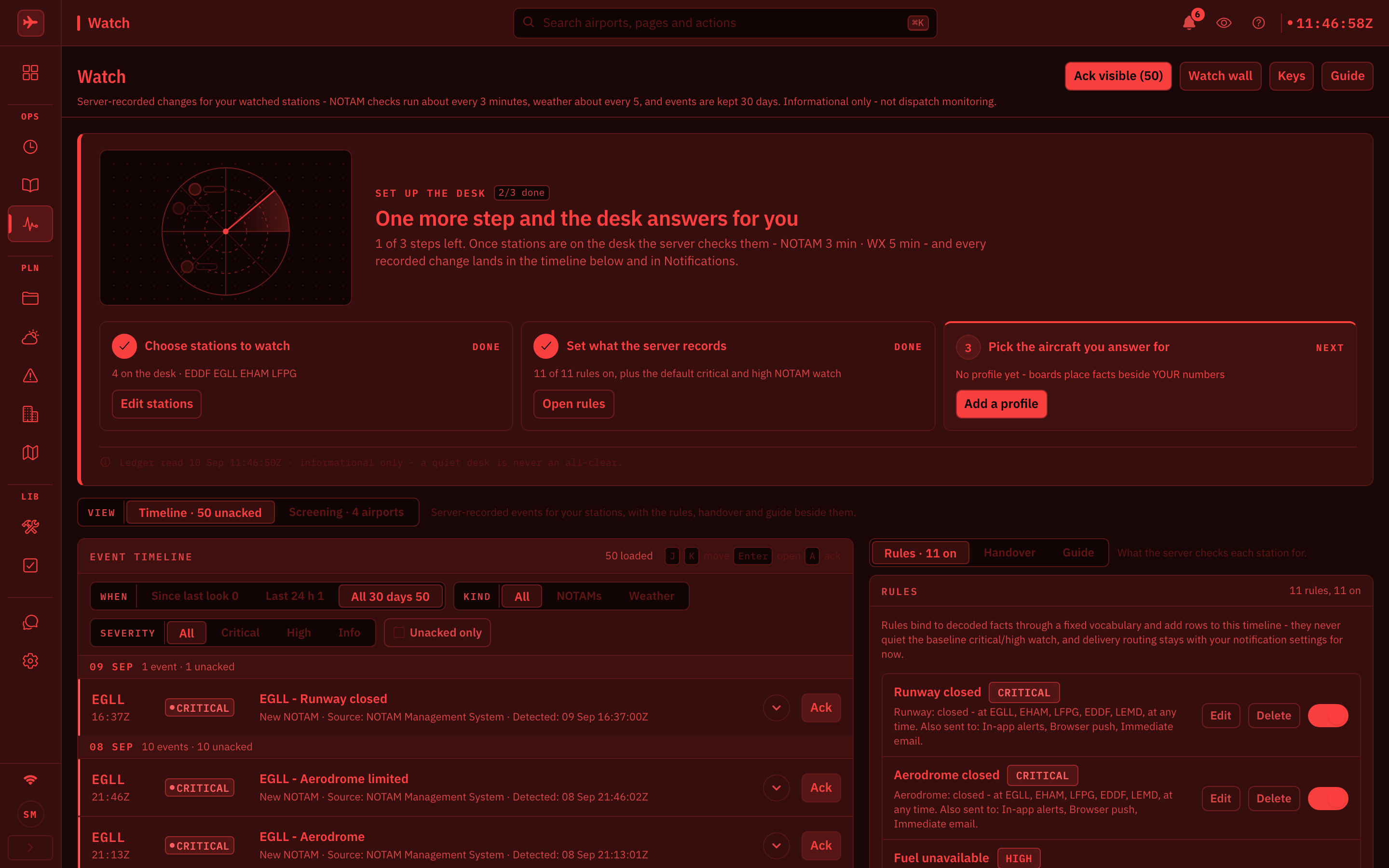 The Watch Desk in the red-light theme: the same header with Ack visible (50), Watch wall, Keys and Guide, a Set up the desk card tagged 2/3 done and headed One more step and the desk answers for you, with three steps, Choose stations to watch marked DONE with 4 on the desk EDDF EGLL EHAM LFPG and an Edit stations button, Set what the server records marked DONE with 11 of 11 rules on plus the default critical and high NOTAM watch and an Open rules button, and Pick the aircraft you answer for marked NEXT reading No profile yet with an Add a profile button, then the View switch on Timeline 50 unacked, an Event timeline with day bands 09 SEP and 08 SEP listing EGLL Runway closed, Aerodrome limited and Aerodrome rows marked CRITICAL each with an Ack button, and the Rules rail listing Runway closed and Aerodrome closed as CRITICAL with Edit and Delete buttons and Fuel unavailable as HIGH