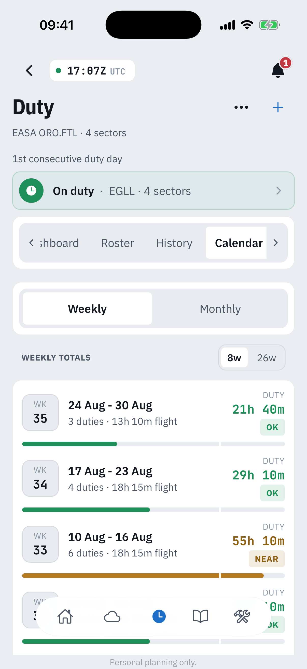 The Calendar segment in Weekly view: weekly totals cards showing duty hours graded OK or NEAR against the cumulative limits, for example 55 hours 10 minutes marked NEAR