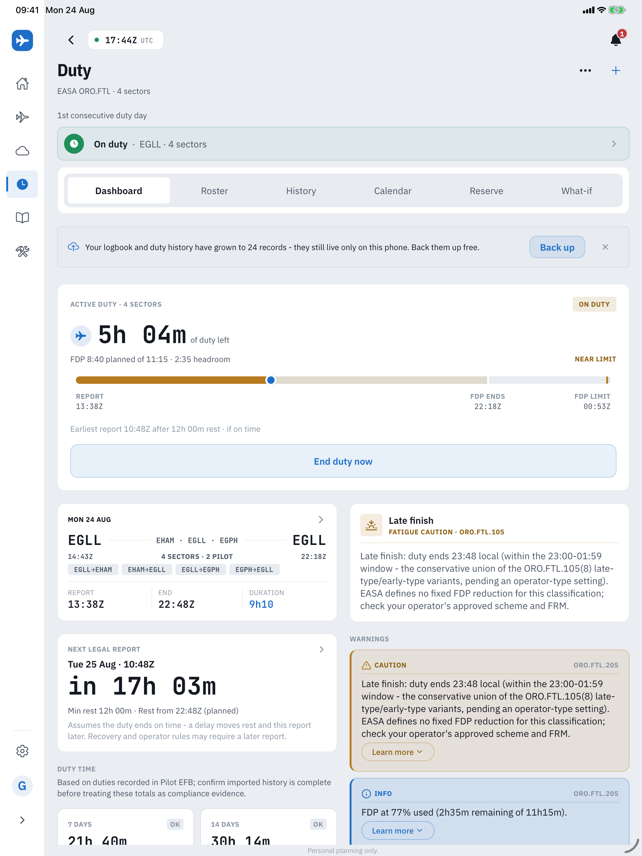 The same Duty dashboard on iPad: a two-column board with the active duty hero and sector card on the left, and fatigue cautions, warnings and the next legal report on the right