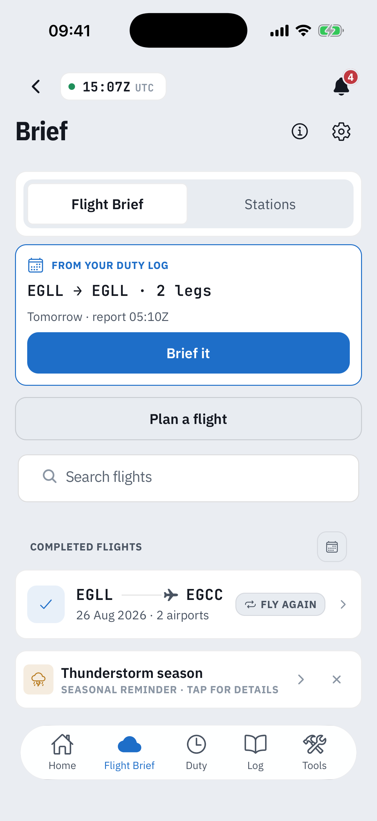 The launcher after a flown day: tomorrow's duty suggested at the top, the Plan a flight button and flight search, then the Completed flights section with a calendar button and a boarding-pass strip reading EGLL to EGCC, 26 Aug 2026, 2 airports with a Fly again chip
