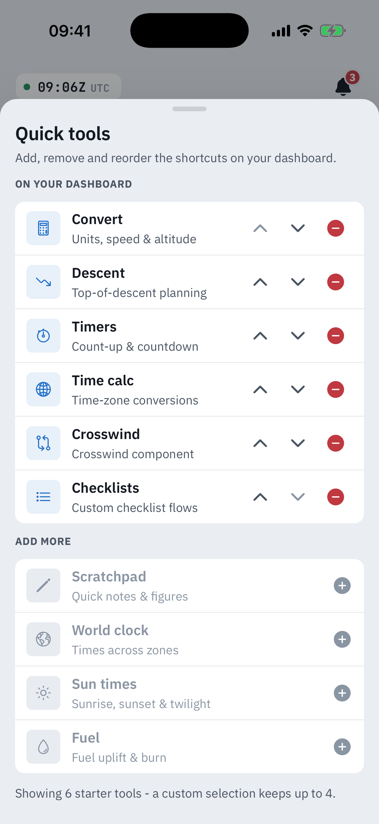 The Quick tools editor sheet over a dimmed Home: an On your dashboard list where each shortcut has up, down and remove controls, an Add more list offering Scratchpad, World clock, Sun times and Fuel, and a note that a custom selection keeps up to 4 tools