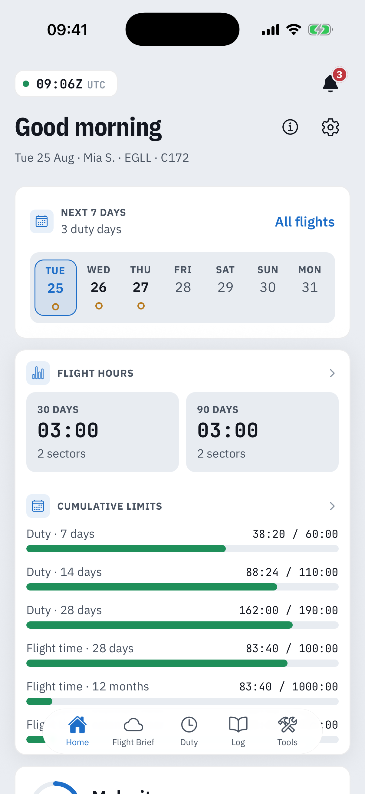 The Next 7 days strip with duty dots on Tuesday, Wednesday and Thursday and an All flights link, above a Flight hours card totalling 3 hours and 2 sectors over 30 and 90 days, and a Cumulative limits card with gauges for 7, 14 and 28 day duty hours and 28 day, 12 month and calendar year flight time, each shown against its ceiling