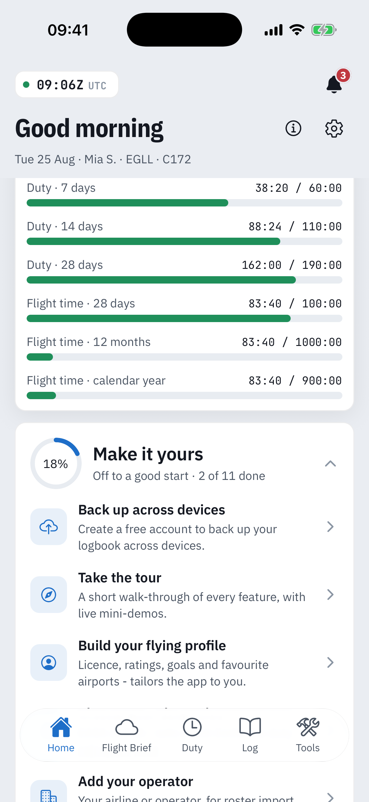 The Make it yours checklist expanded on Home: an 18 percent progress ring beside Off to a good start, 2 of 11 done, and task rows for Back up across devices, Take the tour, Build your flying profile and Add your operator, each with a chevron into its screen