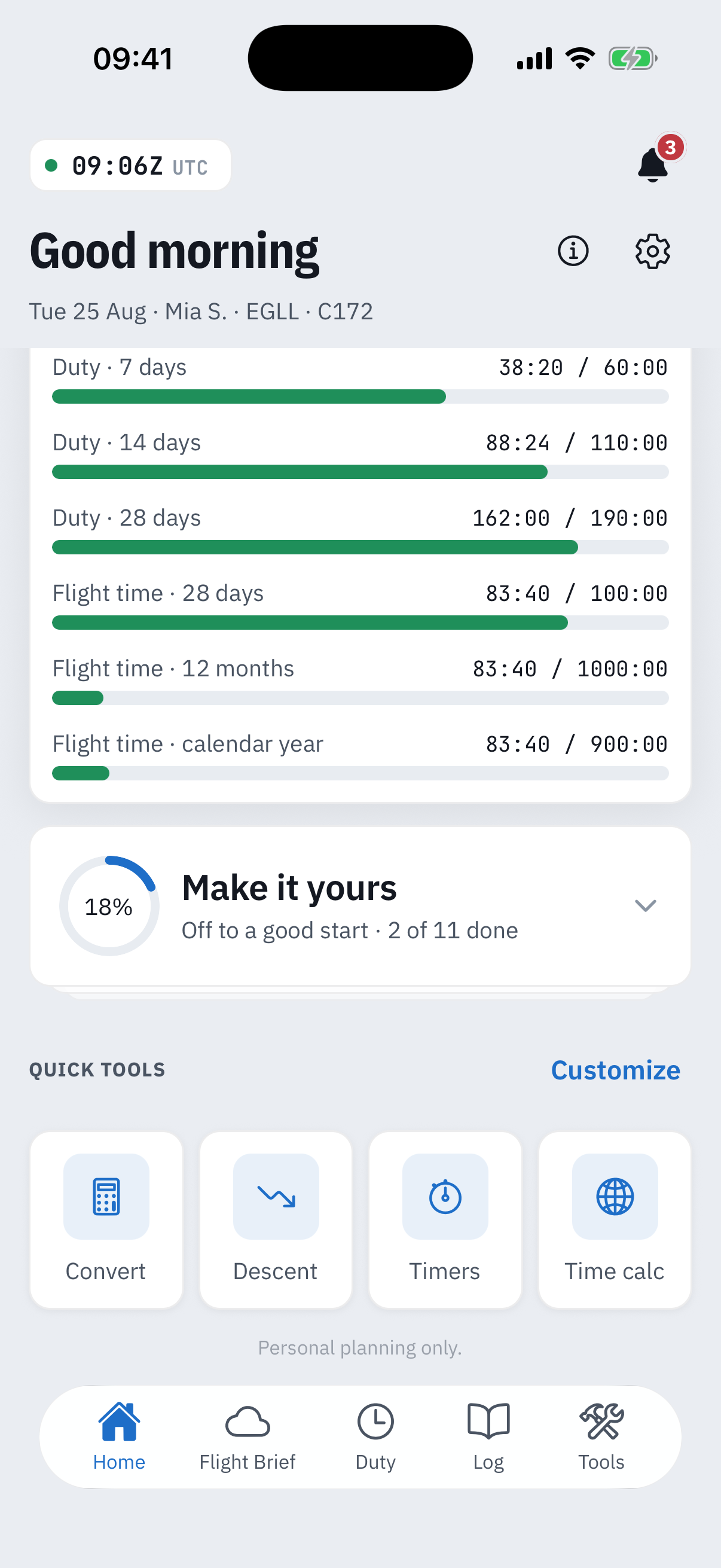 The foot of the Home scroll: the collapsed Make it yours card above a Quick tools section with a Customize link and four shortcut tiles - Convert, Descent, Timers and Time calc - and the Personal planning only footer line beneath the grid