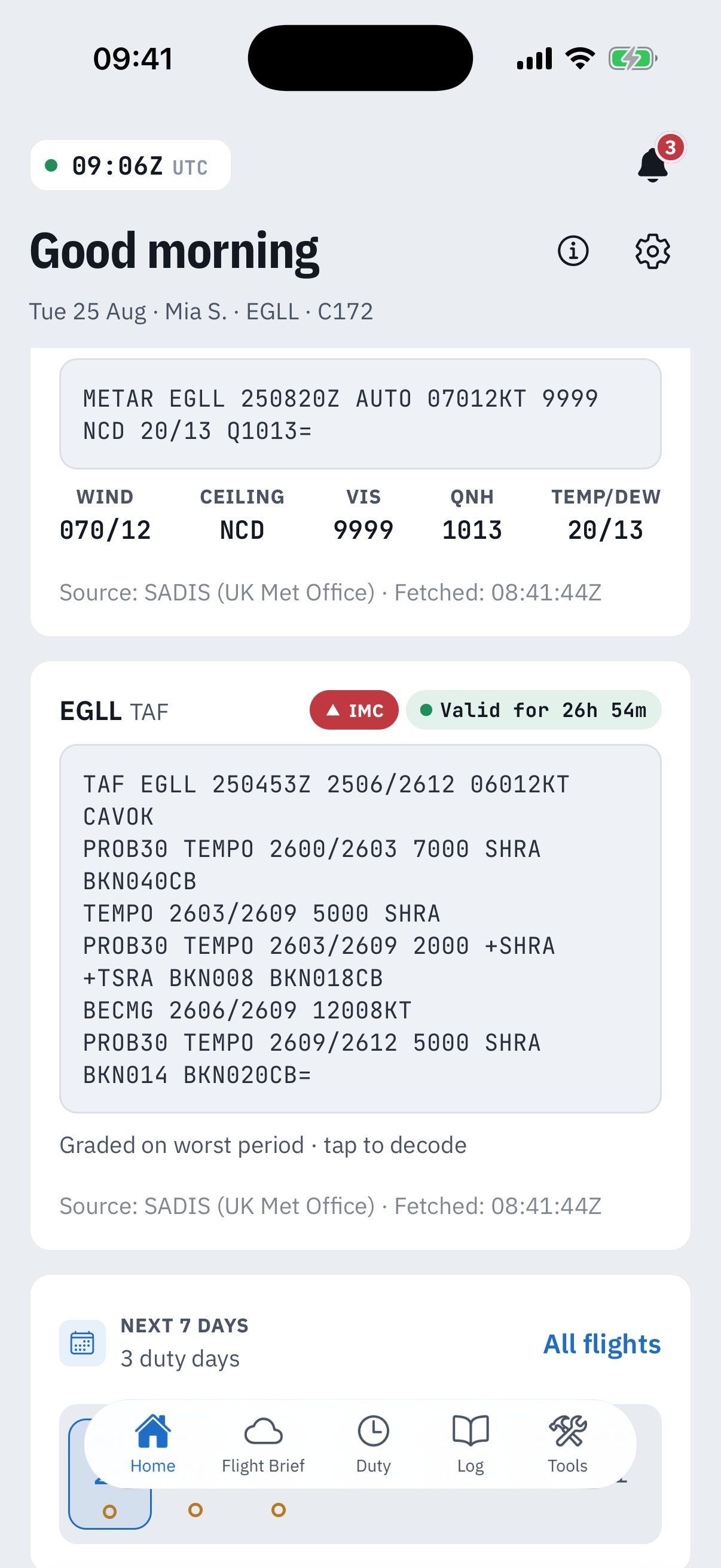 The weather glance pair on Home: the EGLL METAR card with the raw report, a decoded strip for wind, ceiling, visibility, QNH and temperature, and a SADIS source line - and below it the EGLL TAF card with an IMC badge, a Valid for 26 hours 54 minutes pill, the full raw TAF and a Graded on worst period note