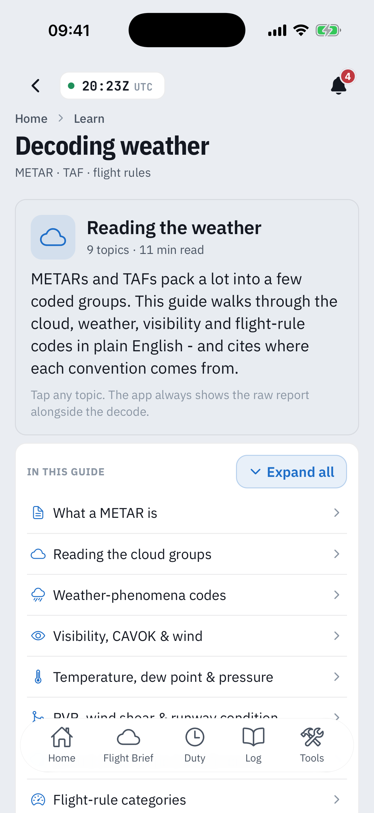 The Decoding weather guide opened: breadcrumb Home, Learn, title Decoding weather with subtitle METAR, TAF, flight rules, a hero card titled Reading the weather marked 9 topics, 11 min read with a lead paragraph and the caption Tap any topic, the app always shows the raw report alongside the decode, then the In this guide contents card with an Expand all button and topic rows from What a METAR is to Temperature, dew point and pressure