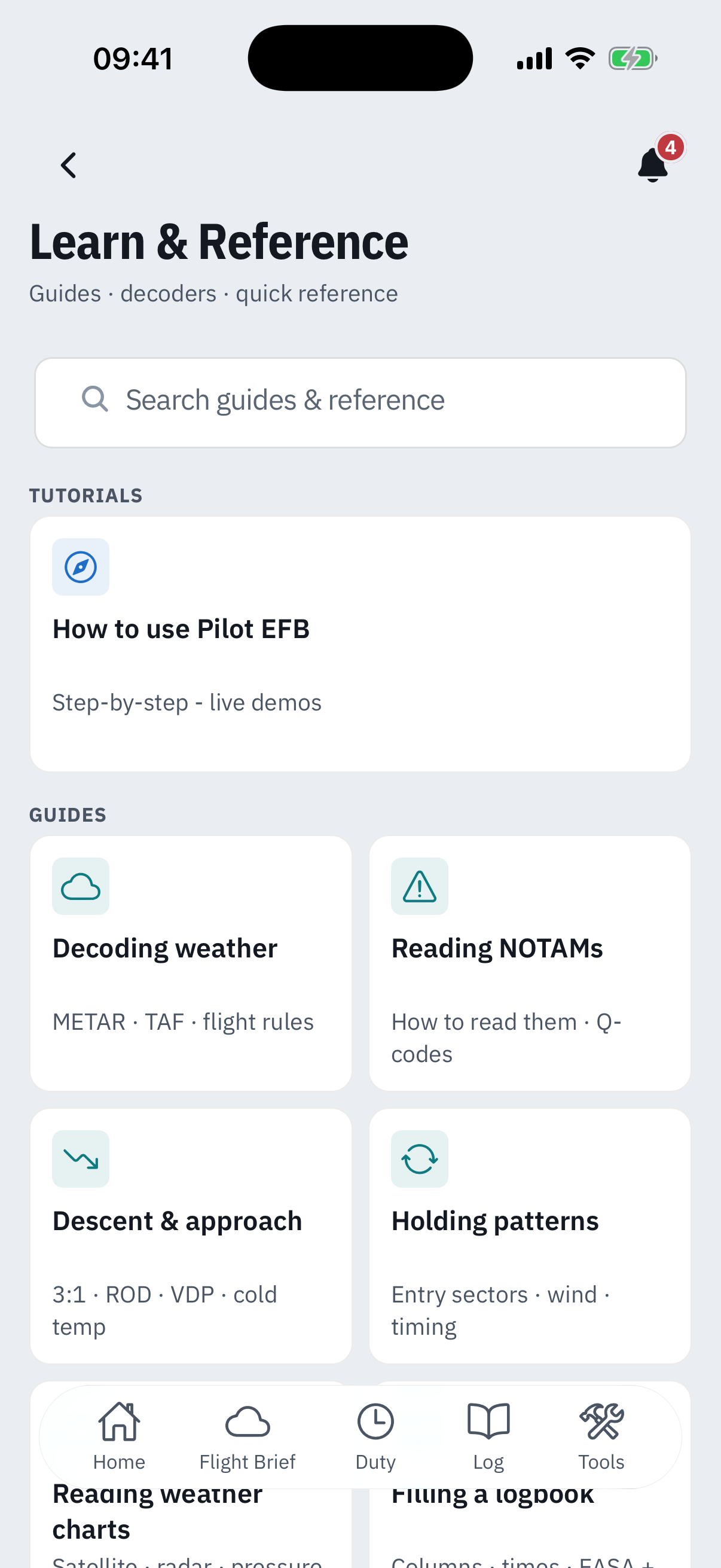 The Learn and Reference hub: title Learn and Reference with subtitle Guides, decoders, quick reference, a Search guides and reference box, a Tutorials band holding the How to use Pilot EFB tile marked Step-by-step with live demos, and the top of the Guides band - Decoding weather, Reading NOTAMs, Descent and approach, and Holding patterns tiles