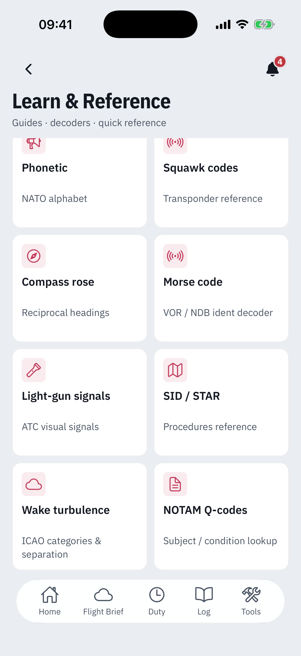 The Quick reference band of the Learn hub: eight lookup tiles - Phonetic NATO alphabet, Squawk codes transponder reference, Compass rose reciprocal headings, Morse code VOR and NDB ident decoder, Light-gun signals ATC visual signals, SID STAR procedures reference, Wake turbulence ICAO categories and separation, and NOTAM Q-codes subject and condition lookup